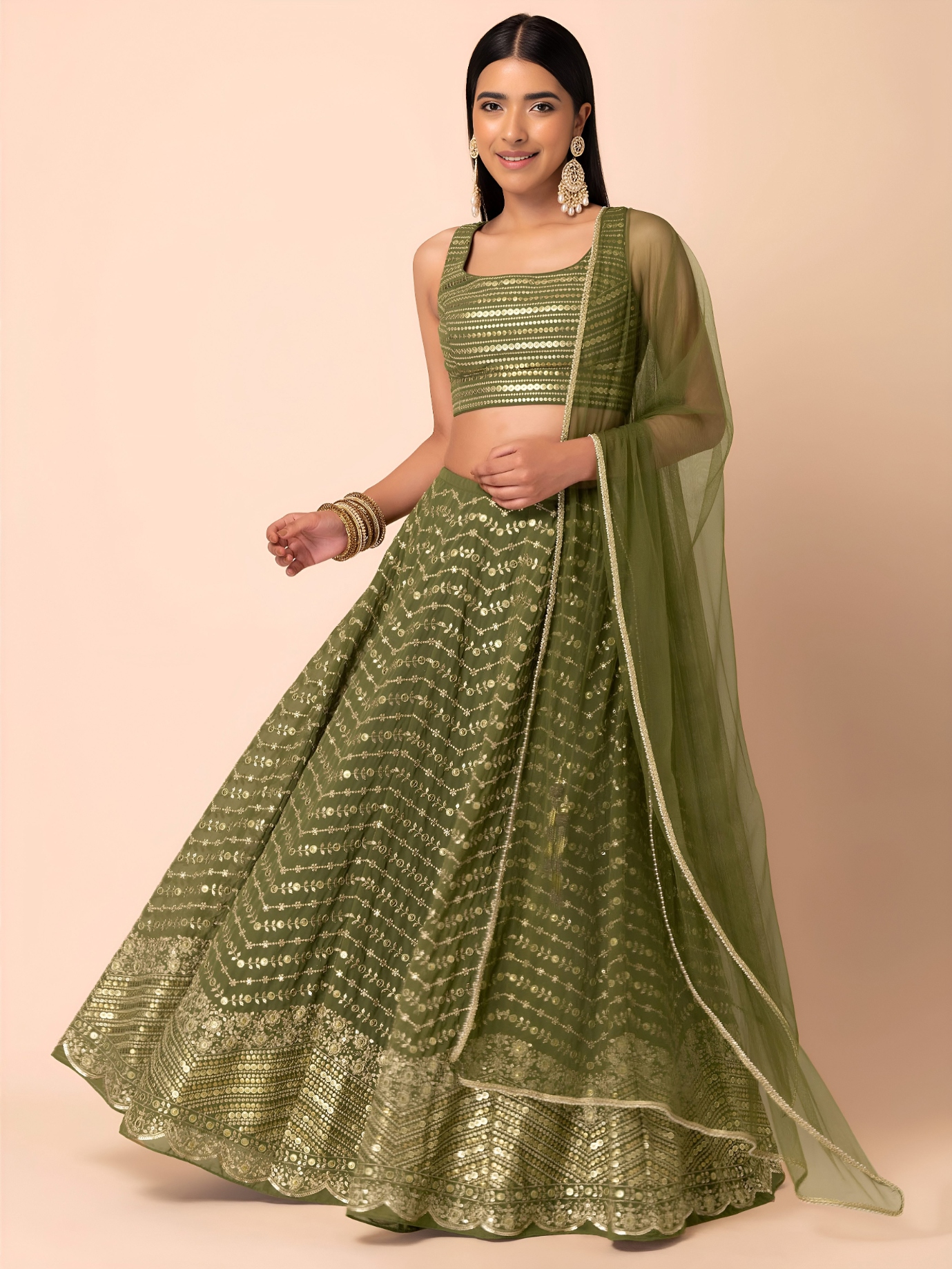 Pista One Shoulder Embroidery Georgette Lehenga Choli
