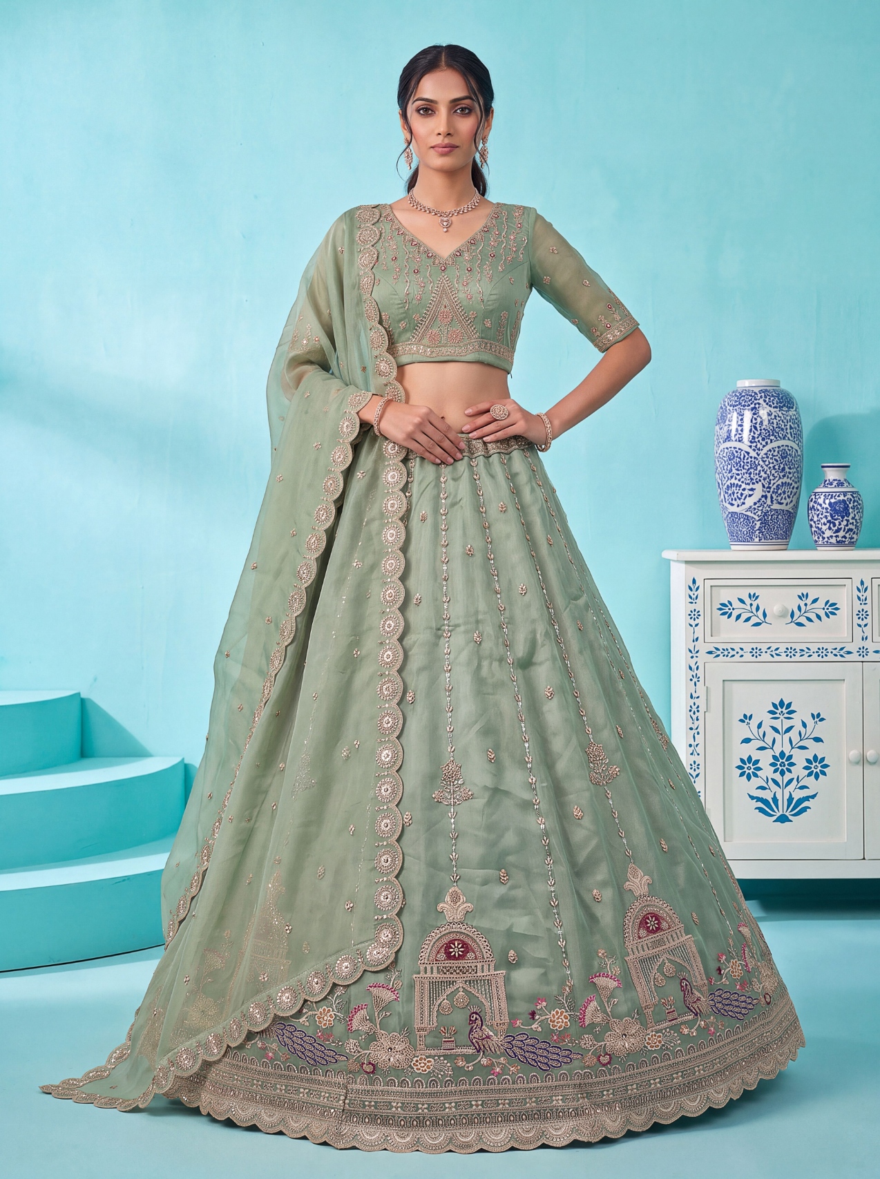 Pista Peacock Zari Silk Bridal Lehenga