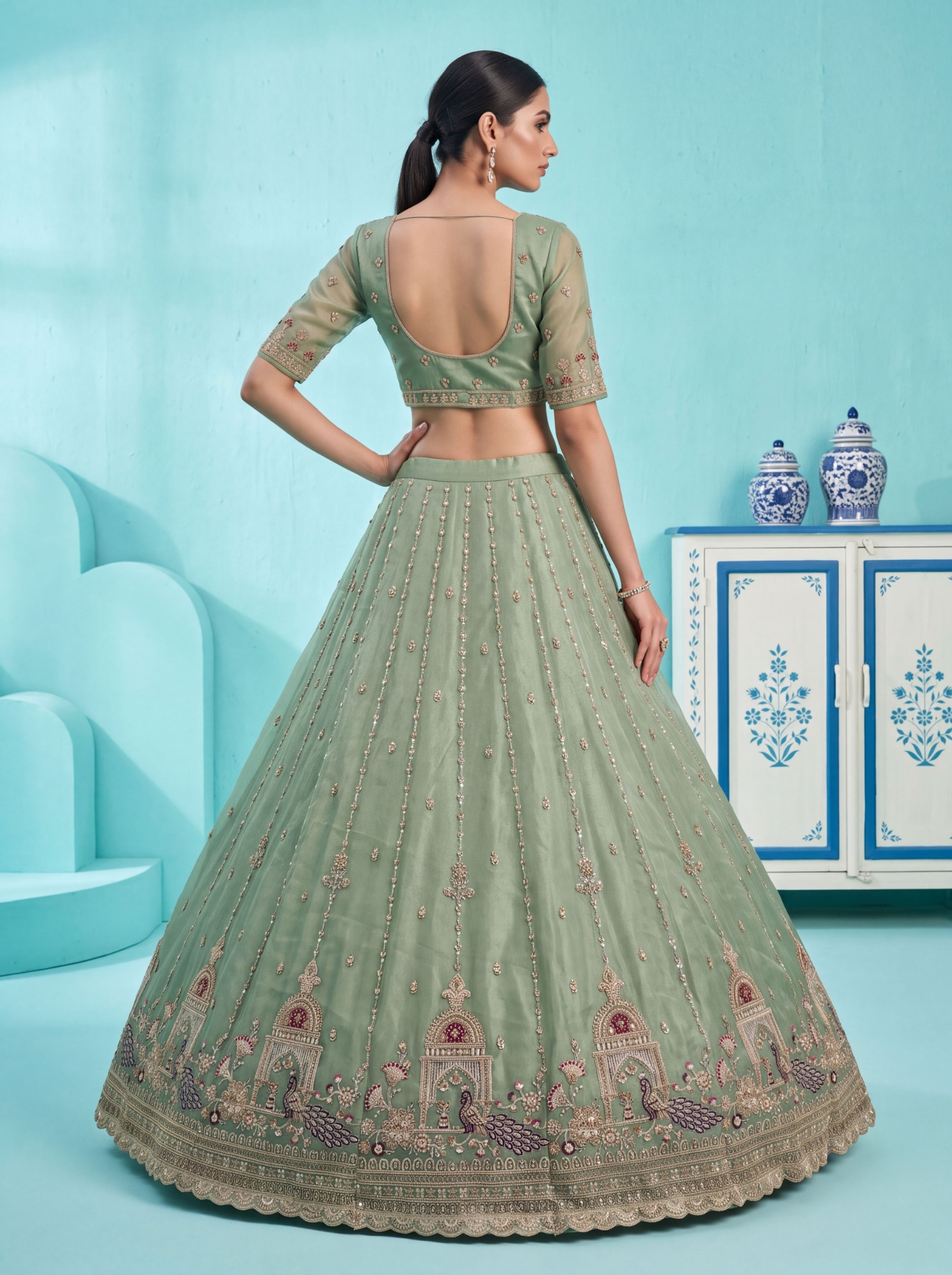 Pista Peacock Zari Silk Bridal Lehenga — alternate view