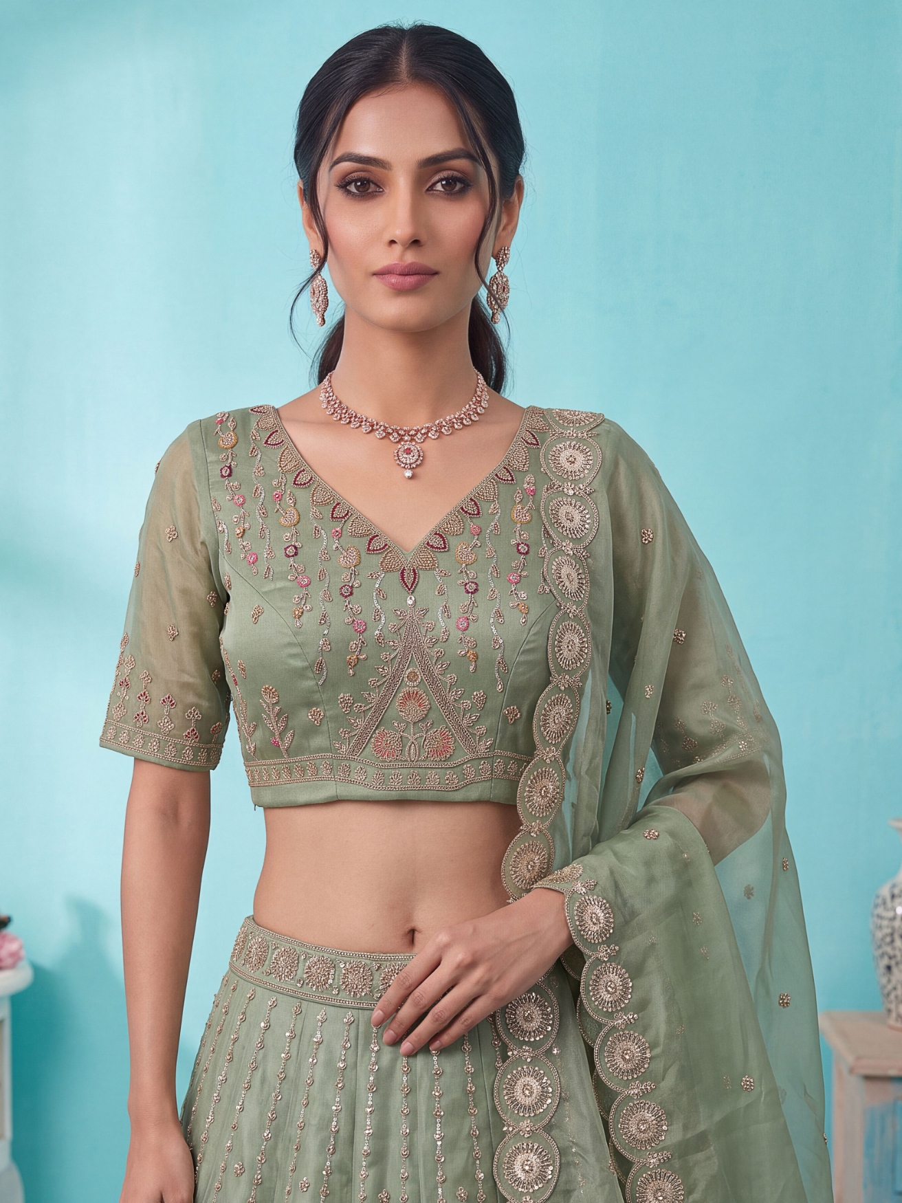 Pista Peacock Zari Silk Bridal Lehenga