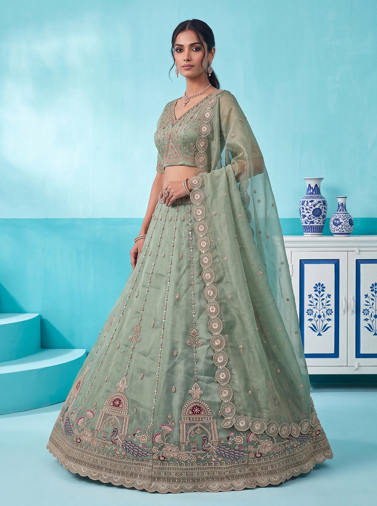 Pista Peacock Zari Silk Bridal Lehenga