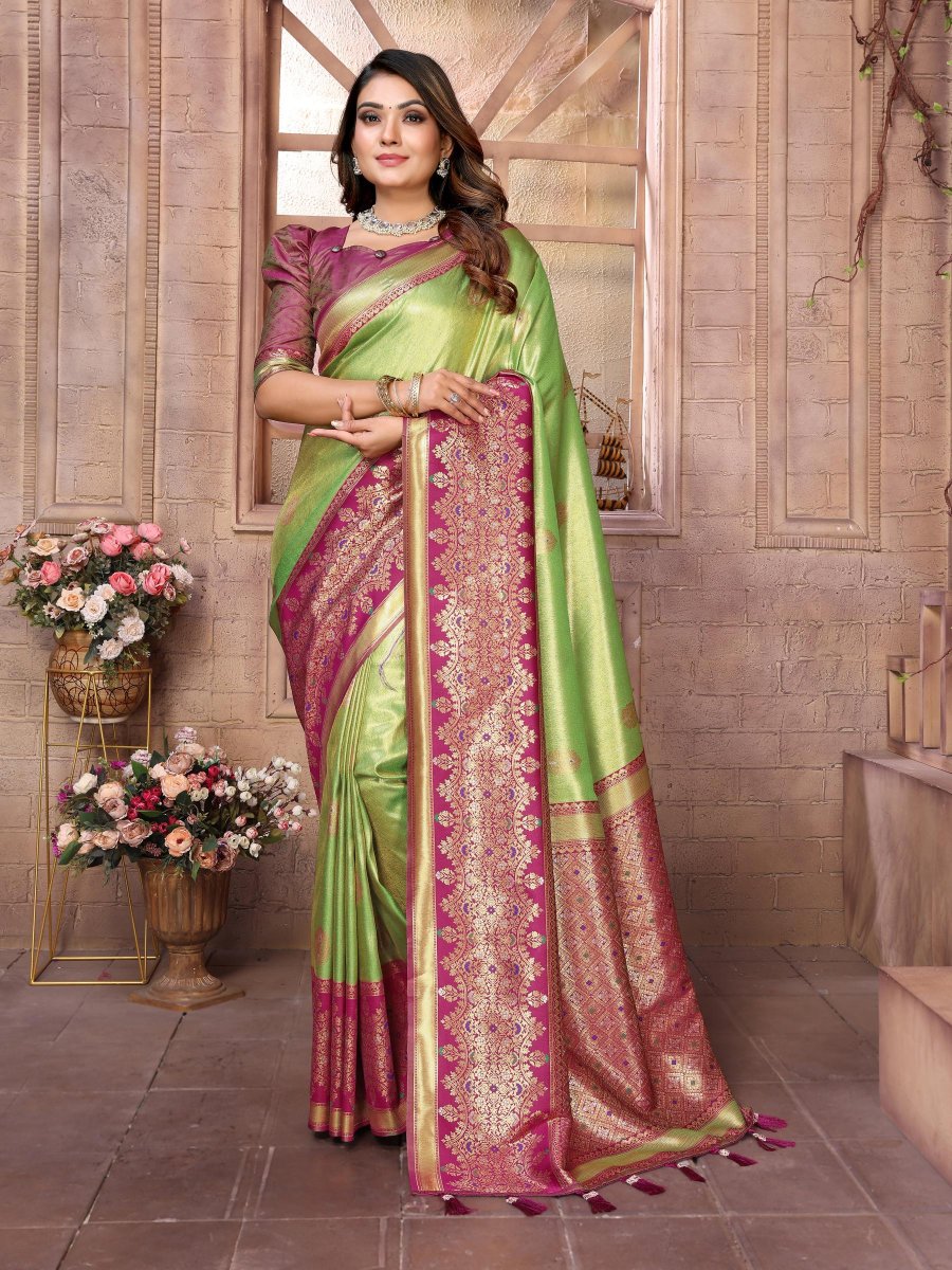Pista Pink Banarasi Tissue Silk Saree