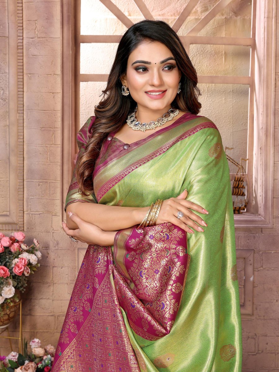 Pista Pink Banarasi Tissue Silk Saree