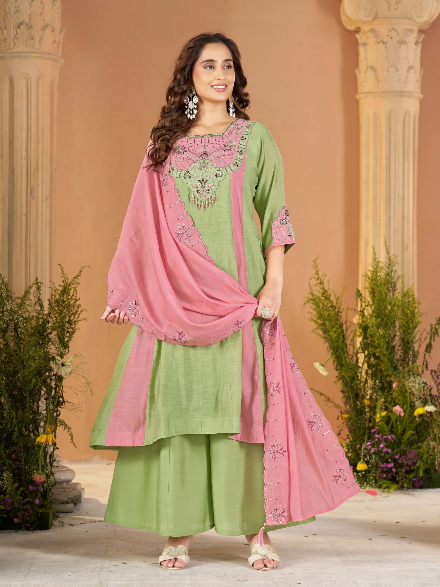 Pista Pink Embroidered Mal Chanderi Palazzo Suit