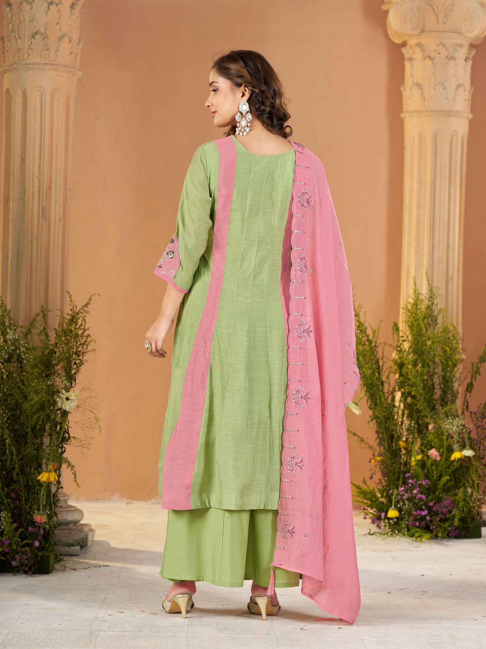 Pista Pink Embroidered Mal Chanderi Palazzo Suit — alternate view