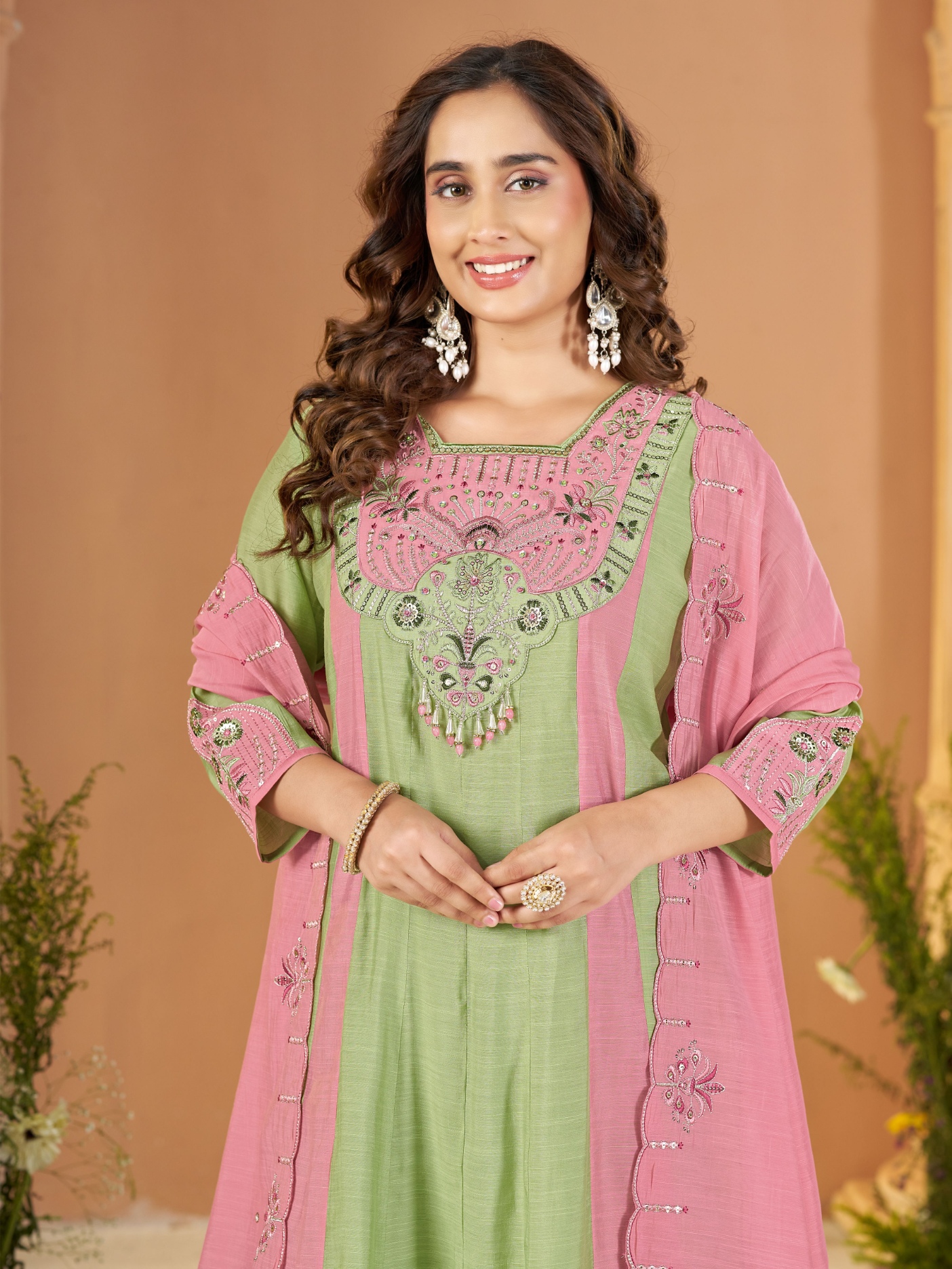Pista Pink Embroidered Mal Chanderi Palazzo Suit
