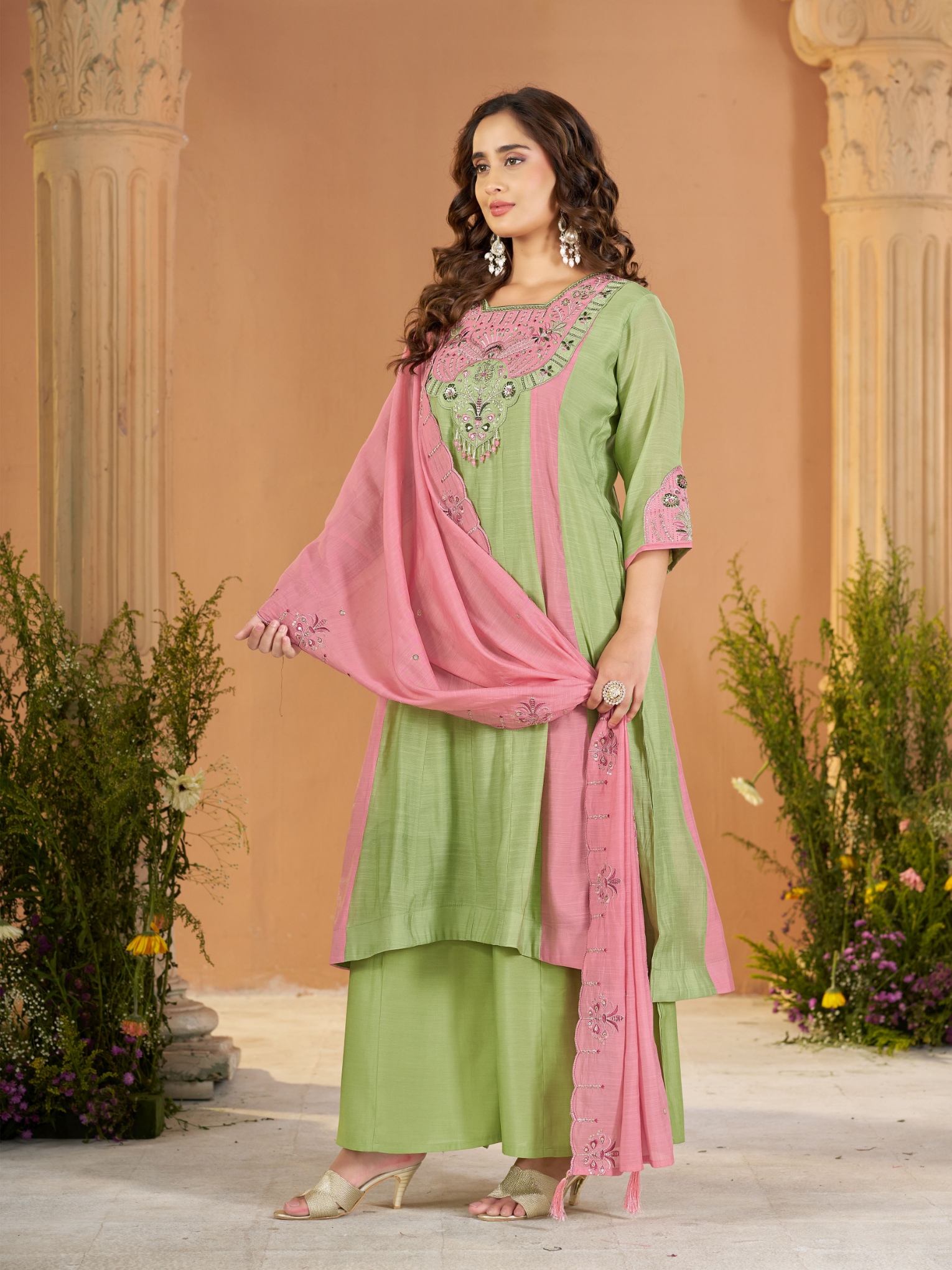 Pista Pink Embroidered Mal Chanderi Palazzo Suit