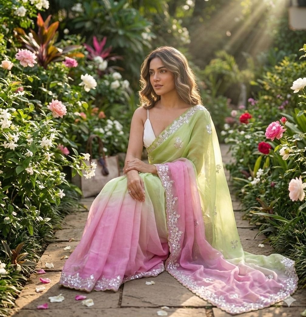 Pista-Pink Pixel Crush Saree — alternate view