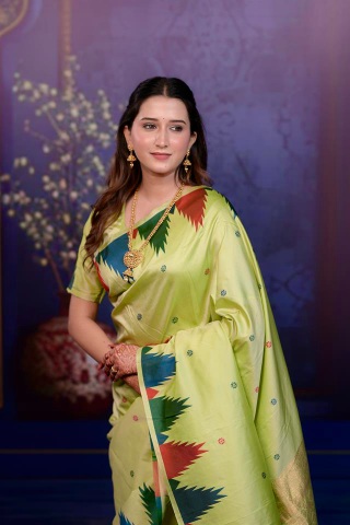 Pista Printed Jacquard Work Soft Silk Saree