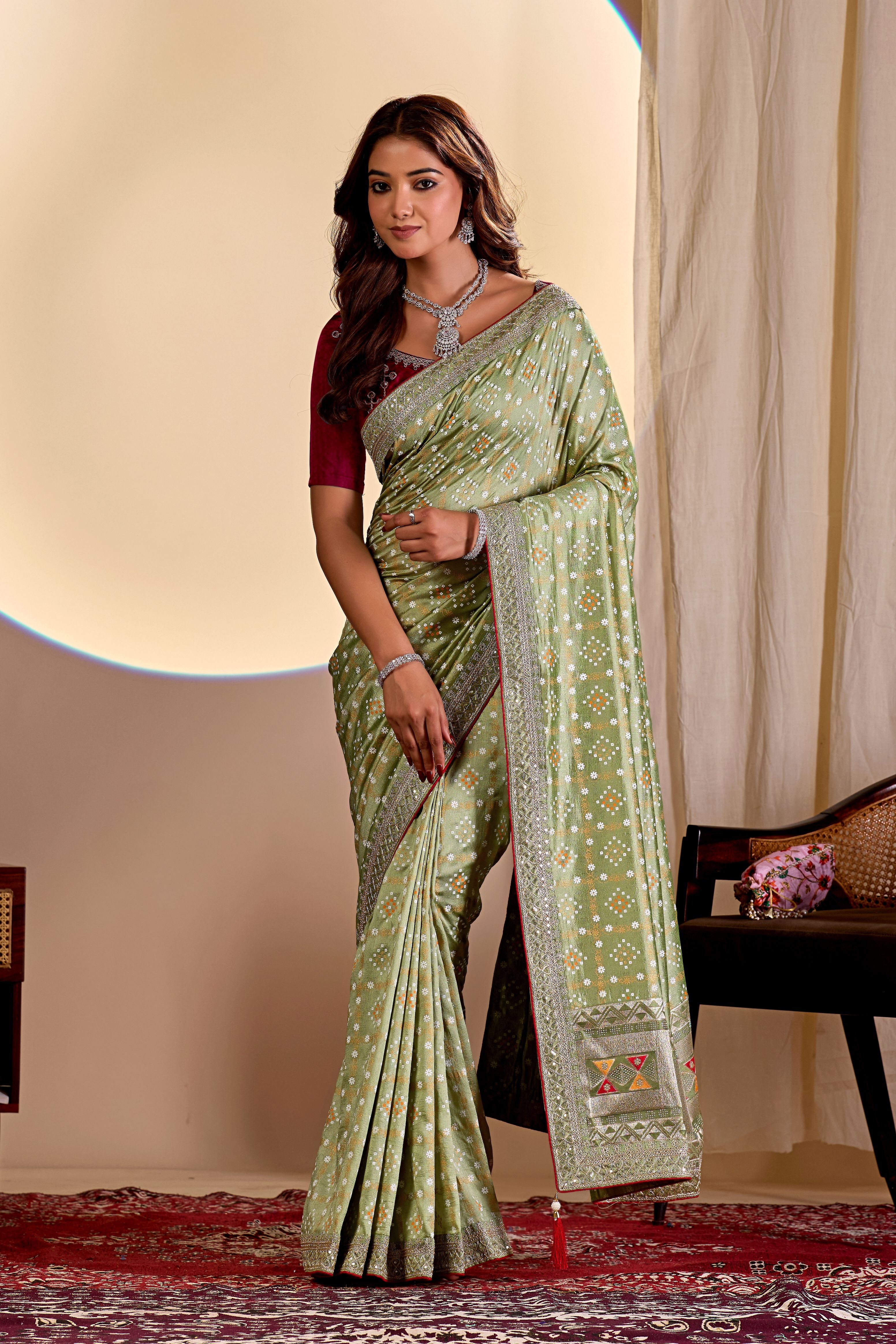 Pista Printed Vichitra Saree