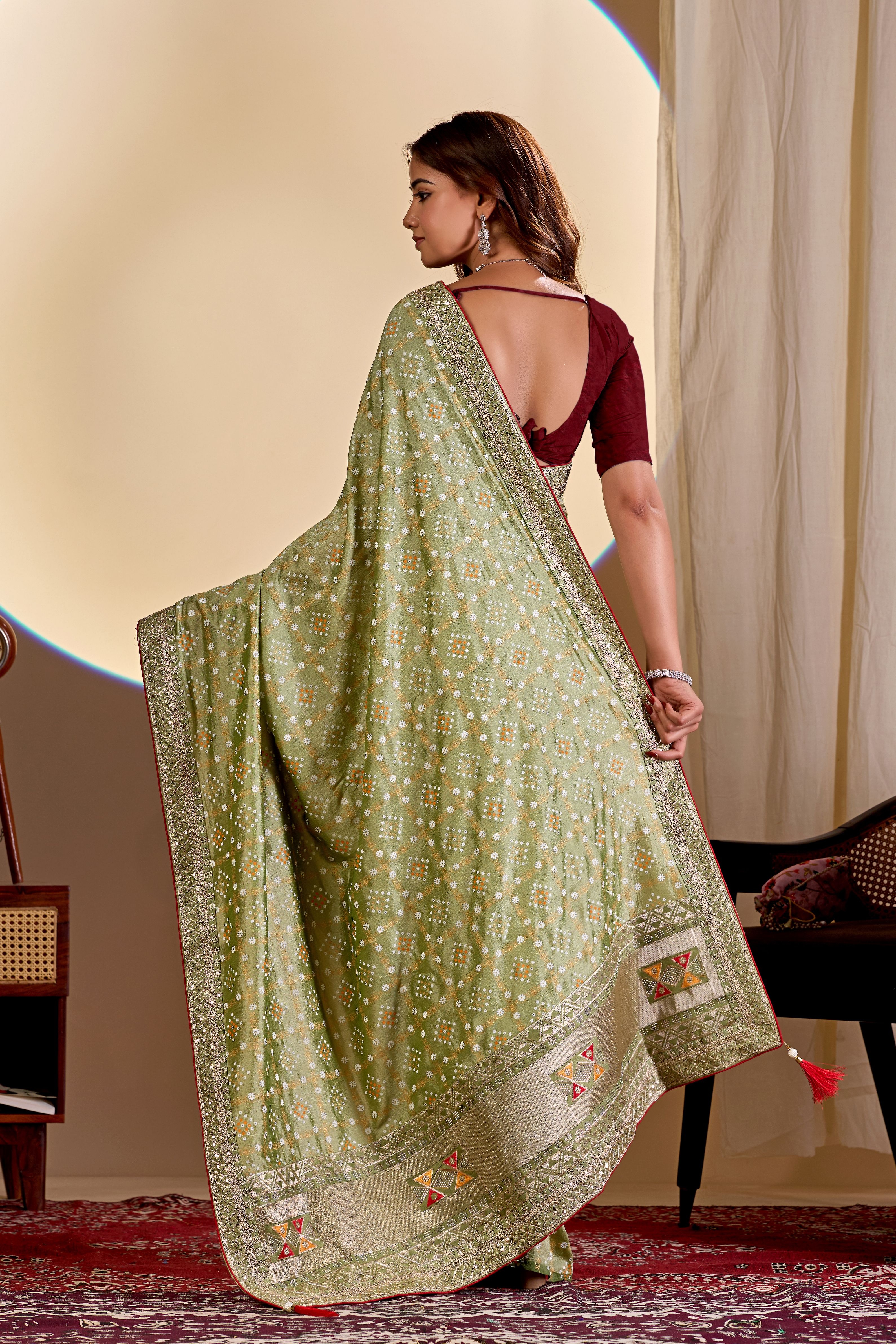 Pista Printed Vichitra Saree — alternate view