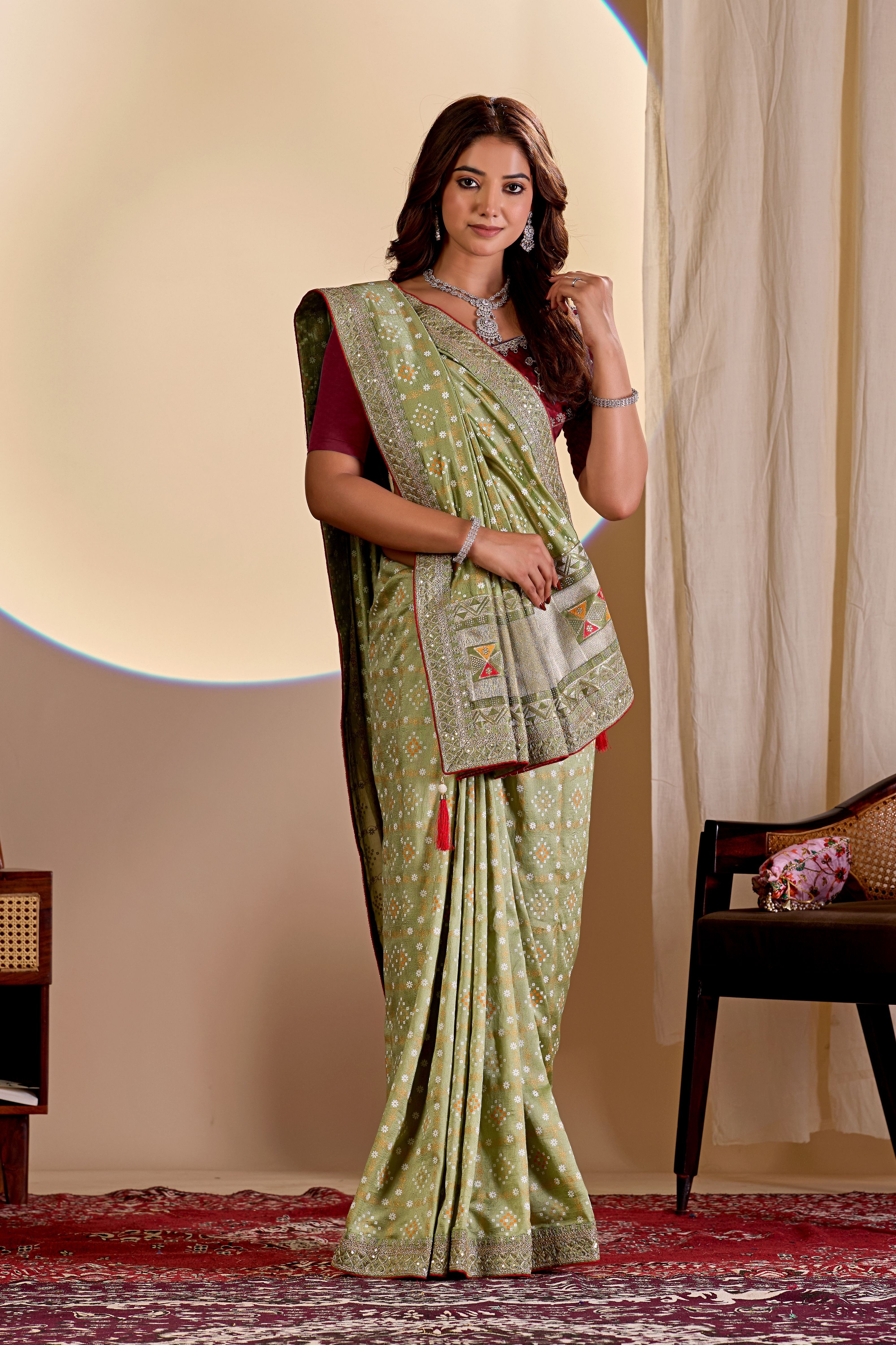 Pista Printed Vichitra Saree