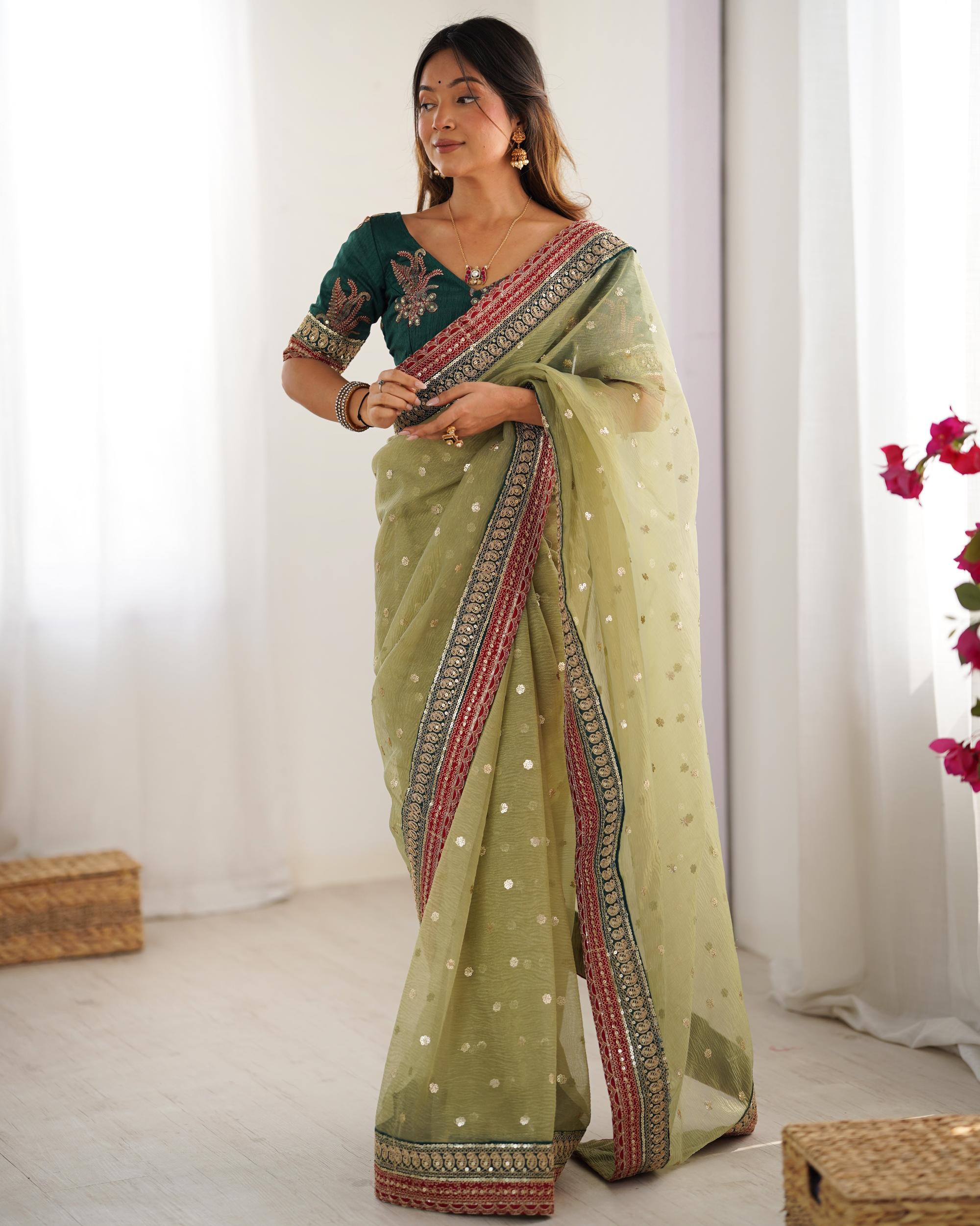 Pista Rama Sequin Embroidered Banarasi Crush Saree
