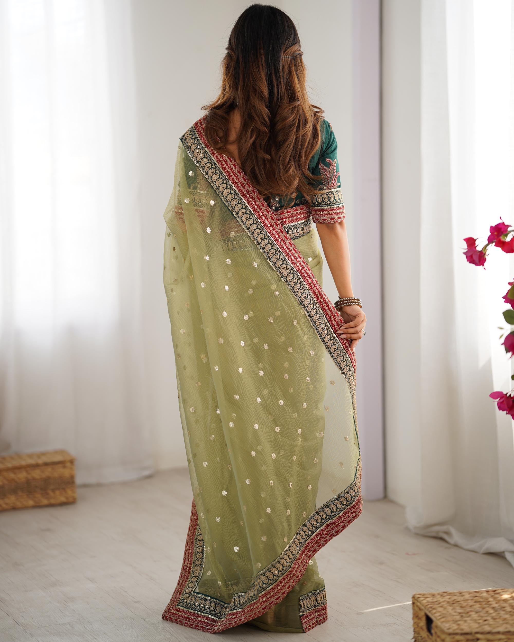 Pista Rama Sequin Embroidered Banarasi Crush Saree — alternate view
