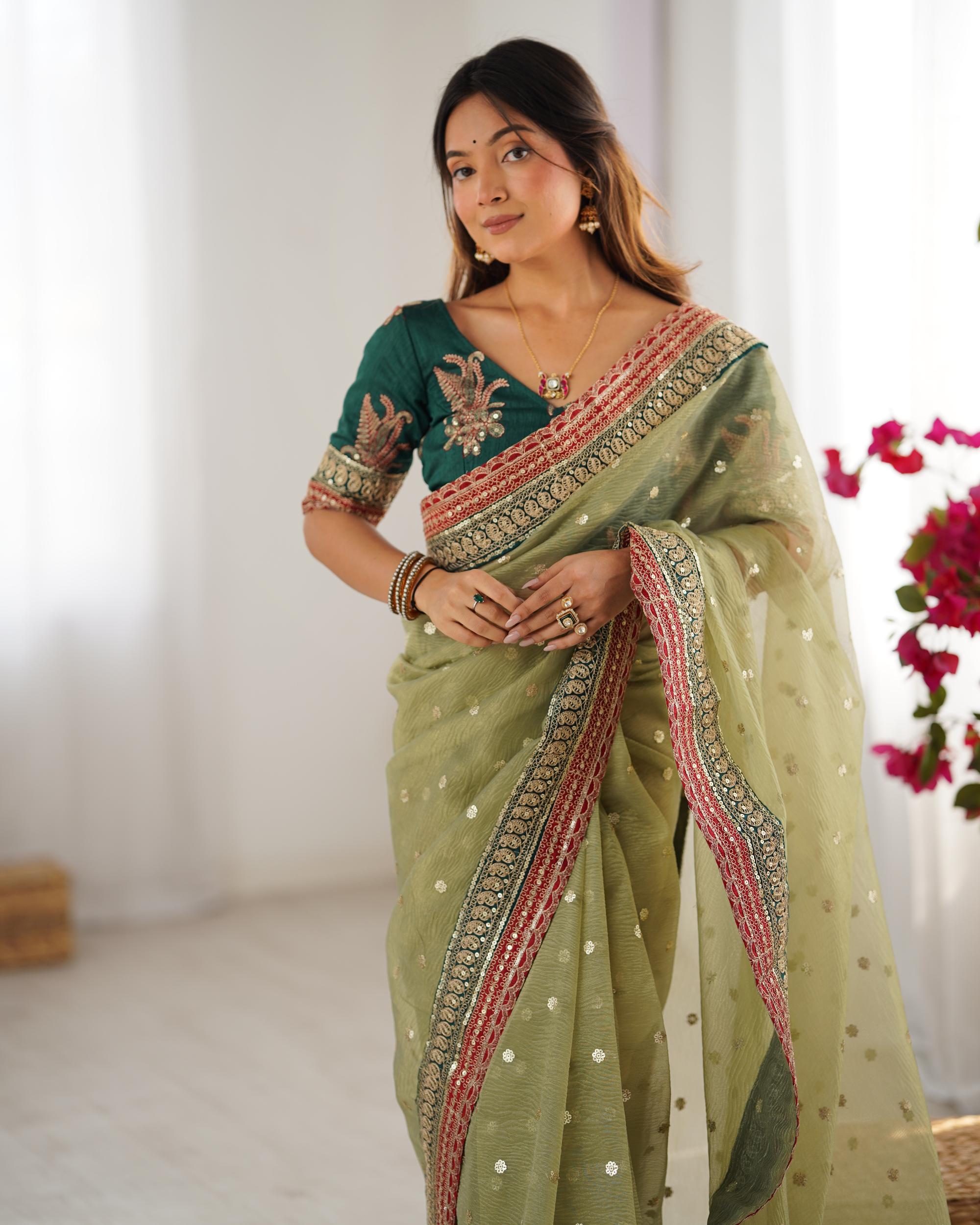 Pista Rama Sequin Embroidered Banarasi Crush Saree