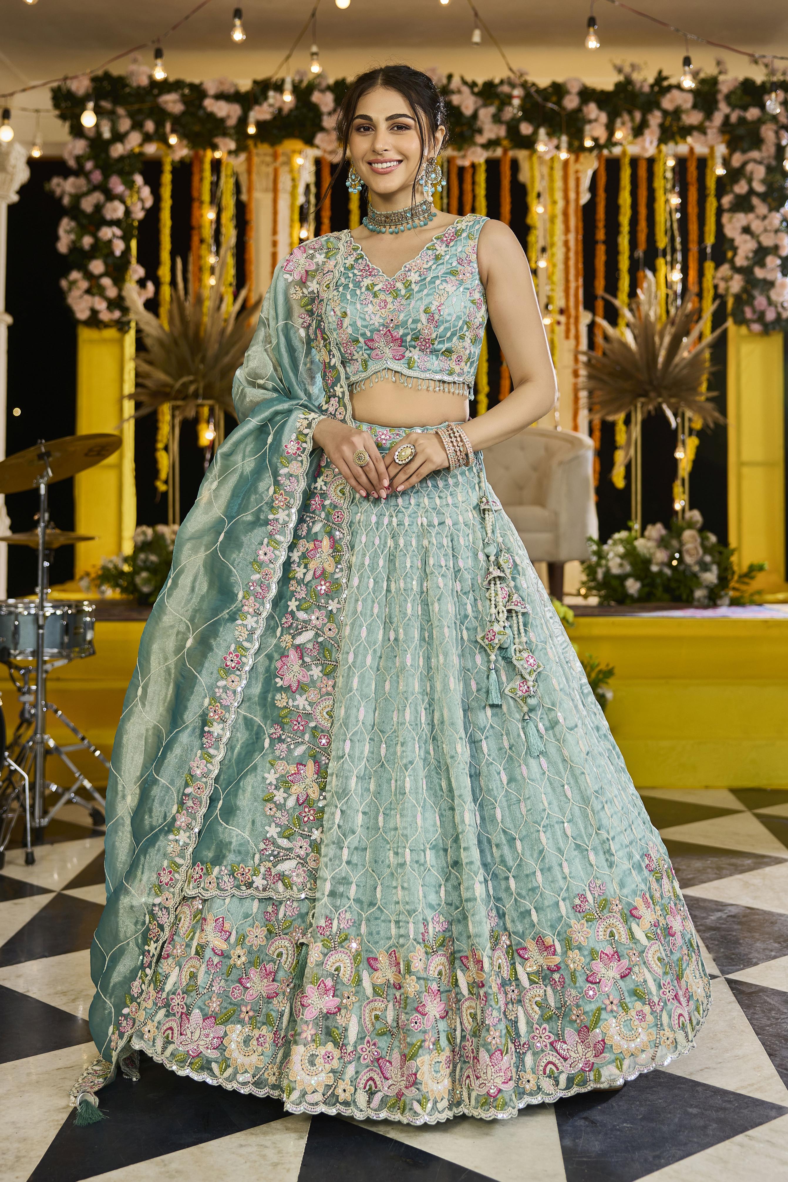 Pista Satin Silk Lehenga Choli