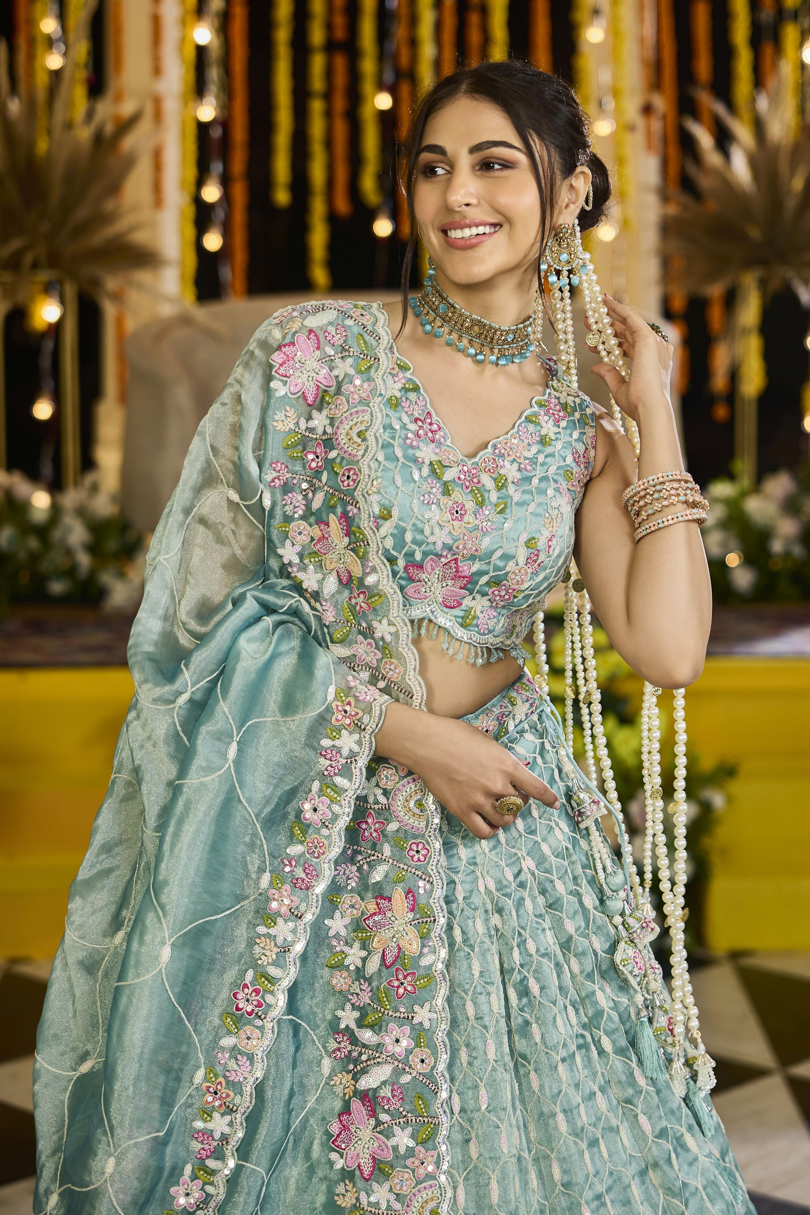 Pista Satin Silk Lehenga Choli