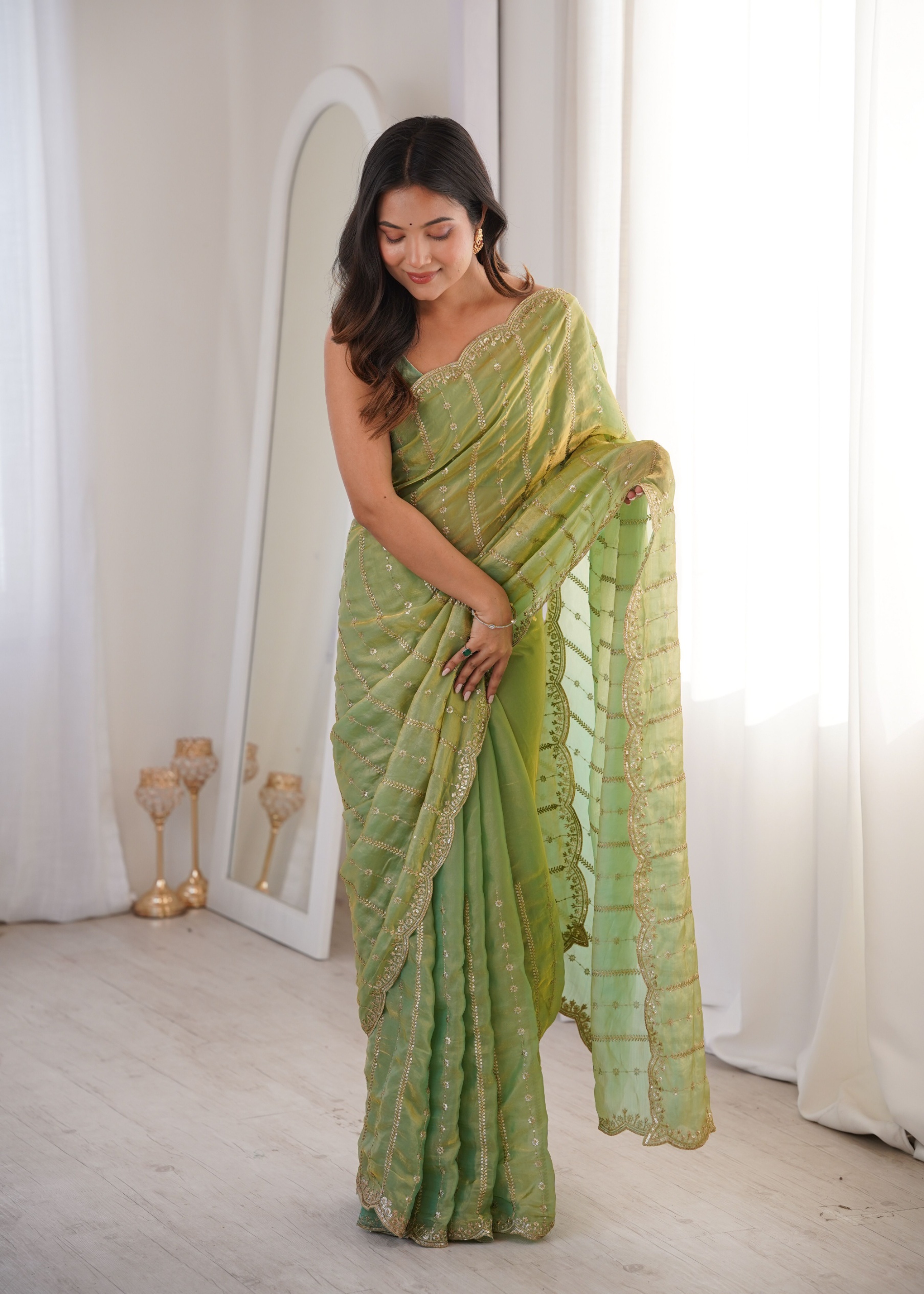 Pista Sequin Embroidered Fendy Satin Saree