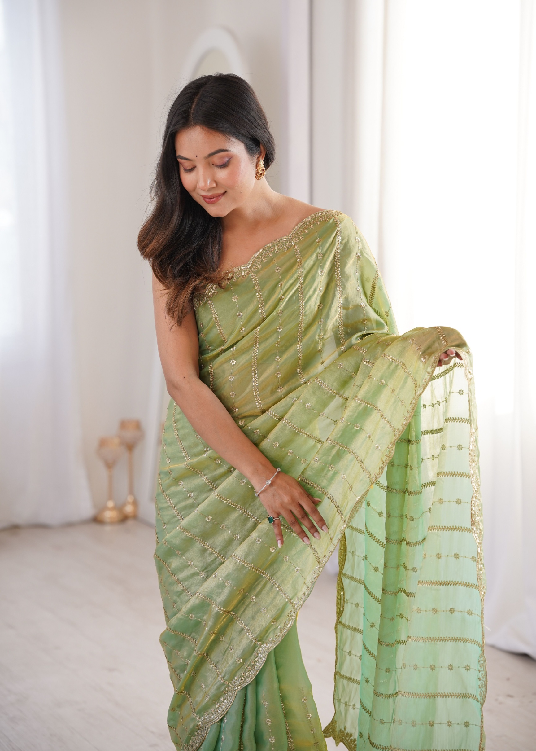 Pista Sequin Embroidered Fendy Satin Saree