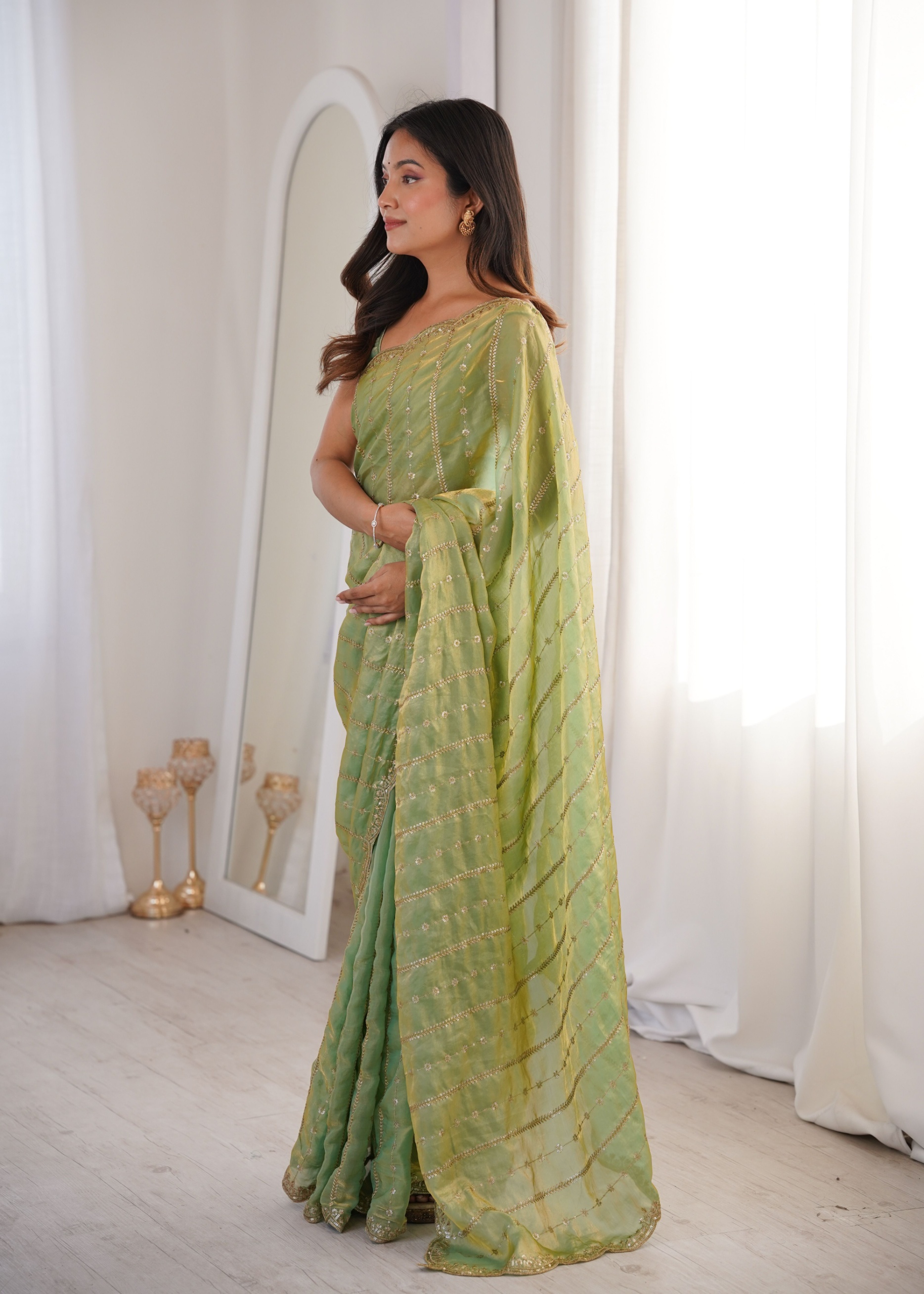 Pista Sequin Embroidered Fendy Satin Saree