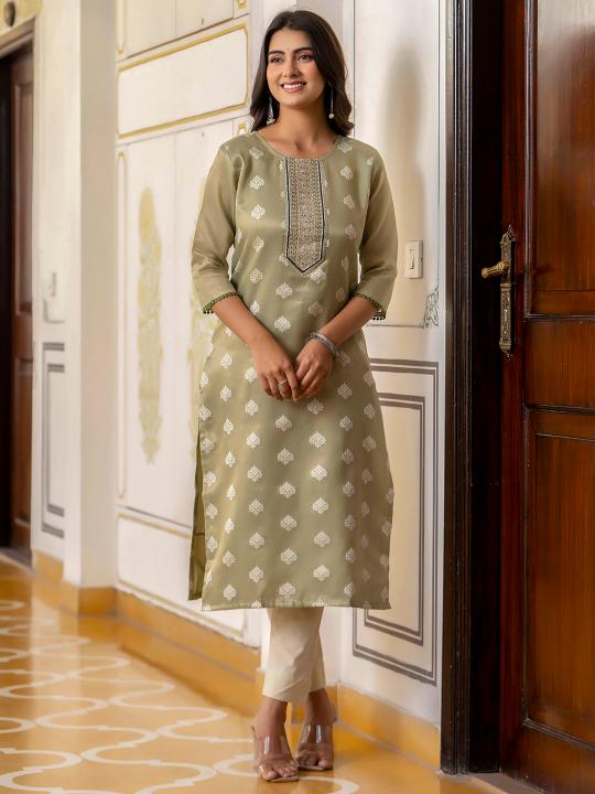 Pista Shimmer Silk Embroidery Kurti