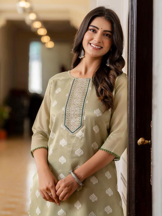 Pista Shimmer Silk Embroidery Kurti — alternate view