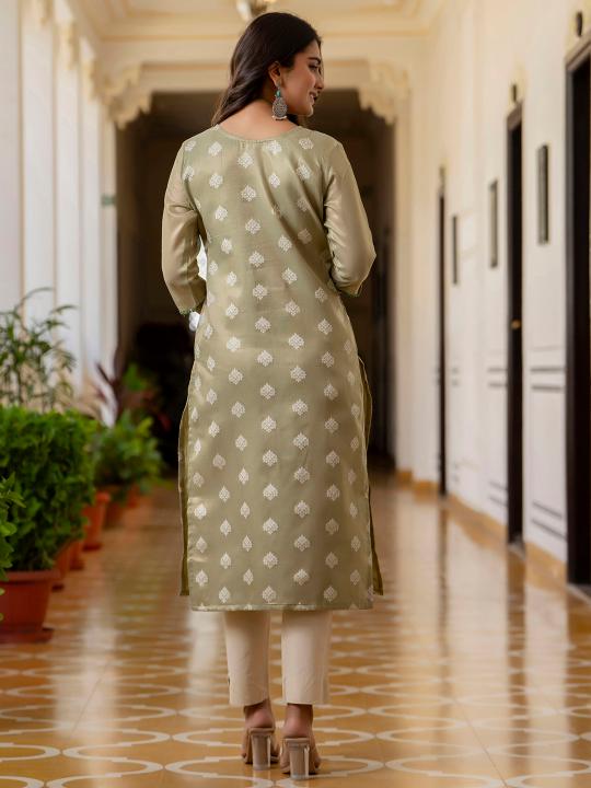 Pista Shimmer Silk Embroidery Kurti