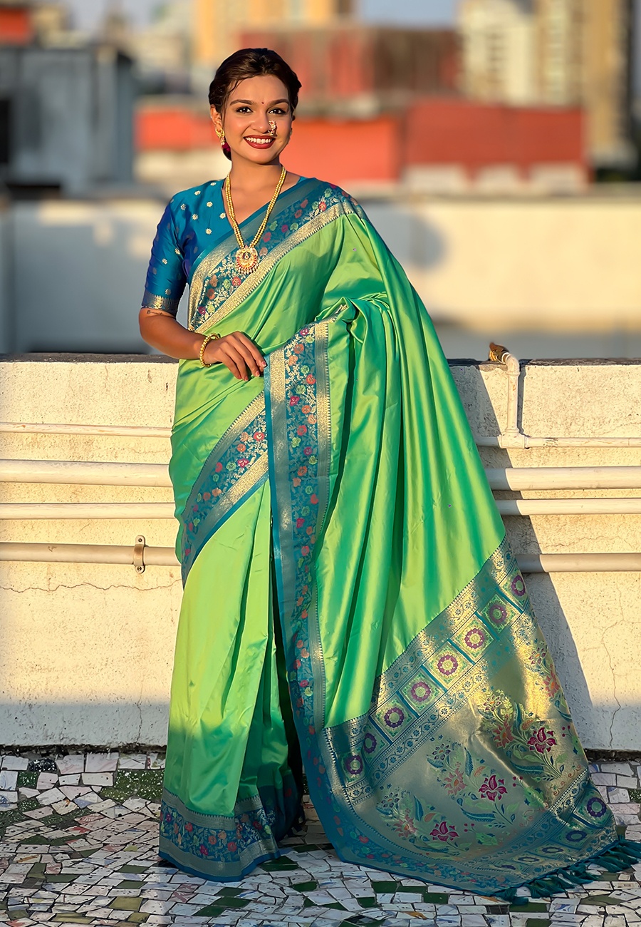 Pista Soft Silk Woven Paithani Gala Saree