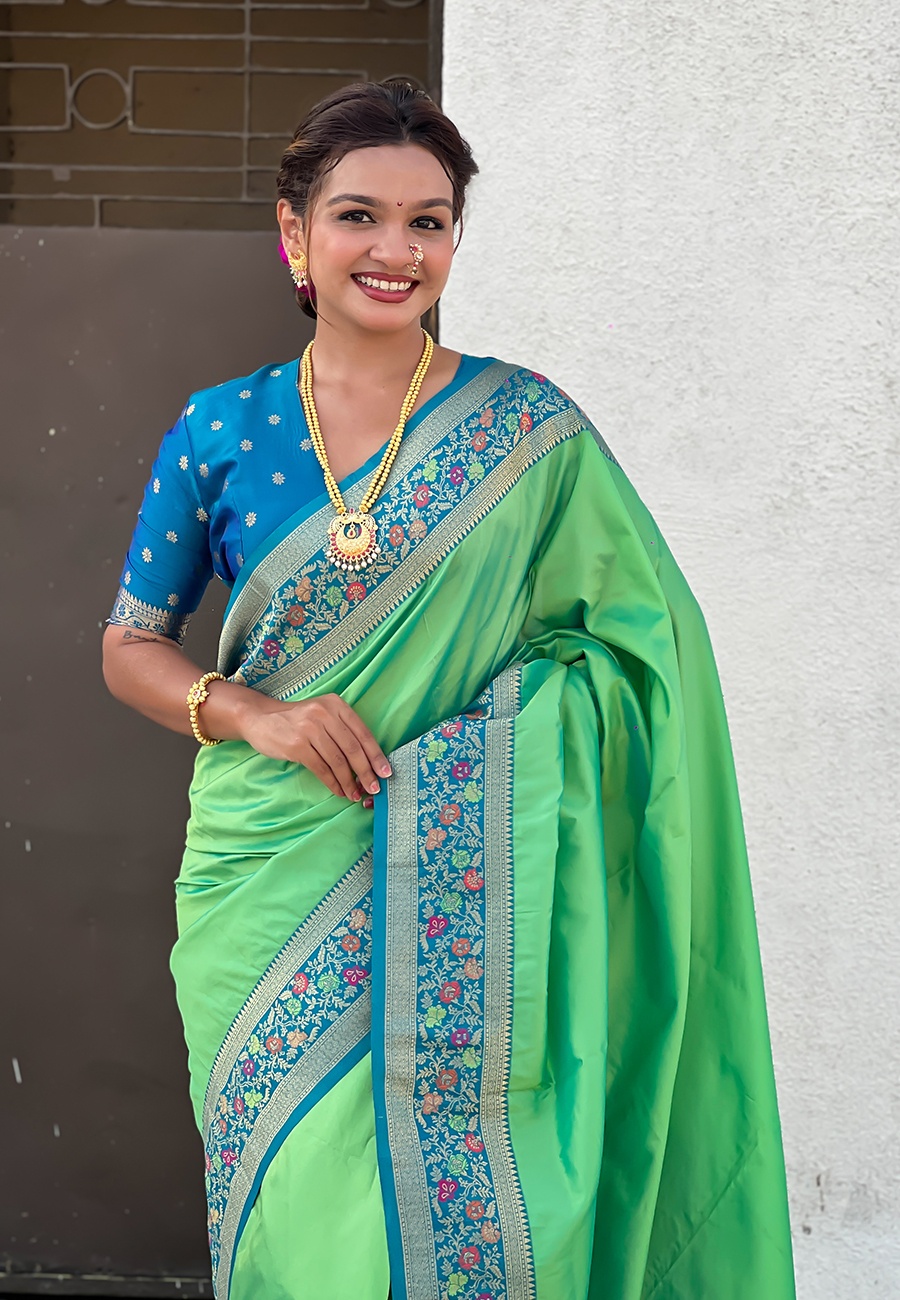 Pista Soft Silk Woven Paithani Gala Saree