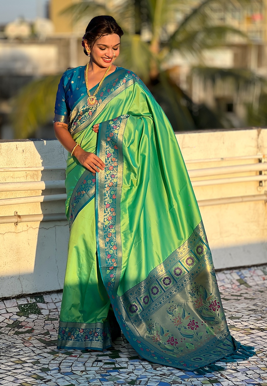 Pista Soft Silk Woven Paithani Gala Saree