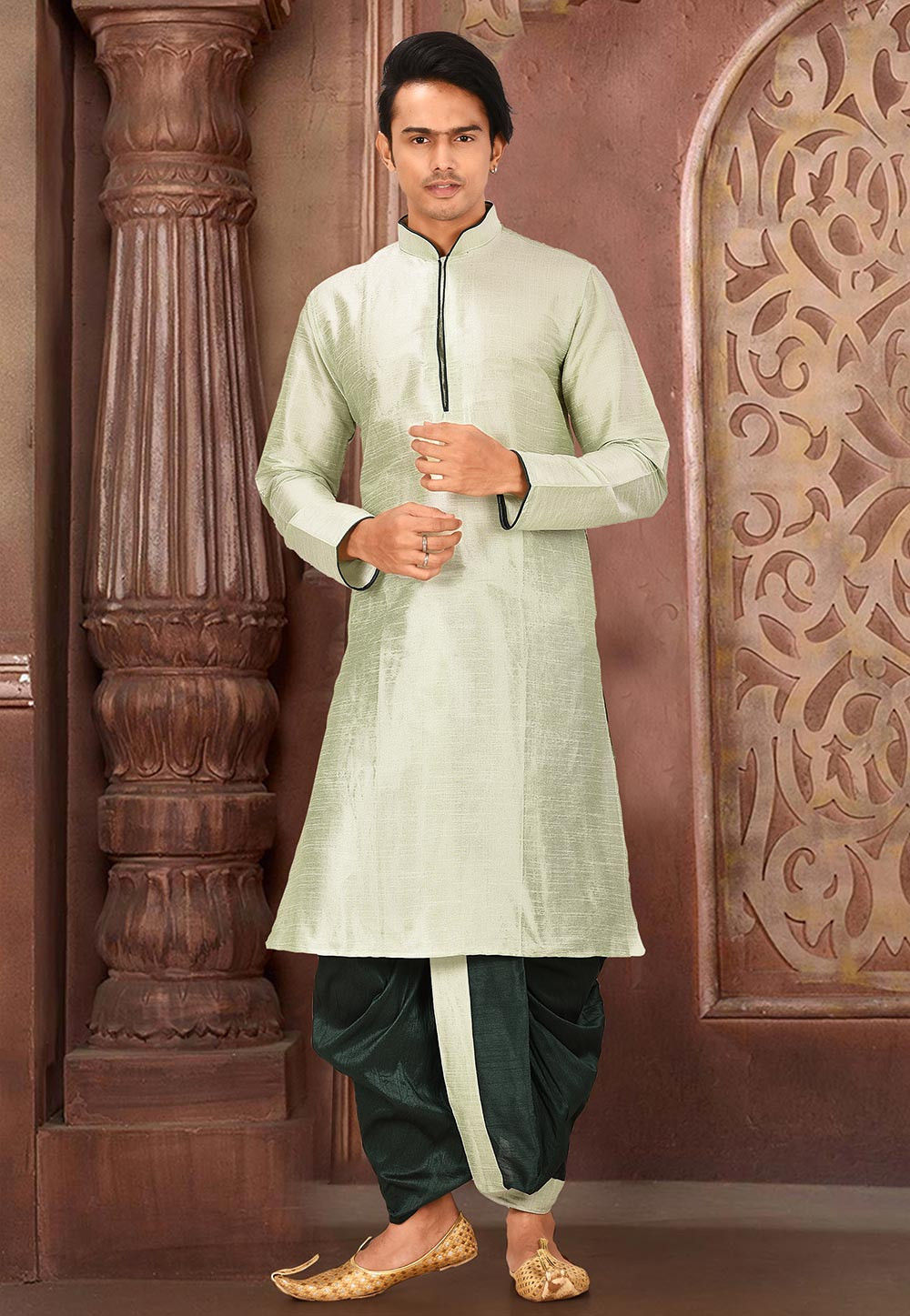 Pista Solid Art Silk Modern Kurta Dhoti Set