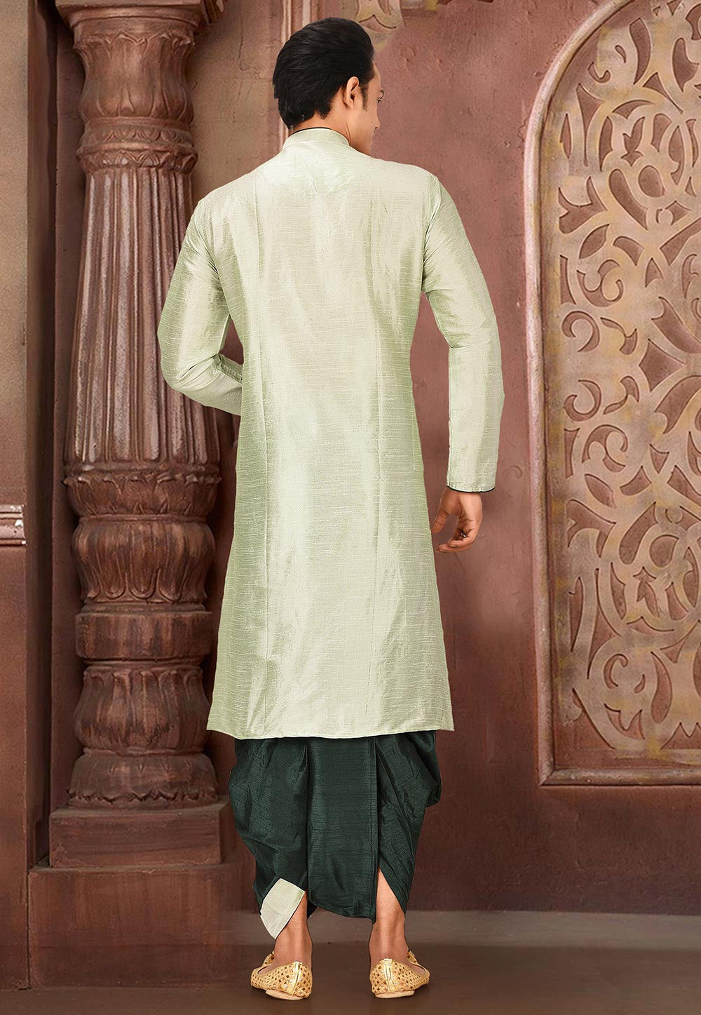 Pista Solid Art Silk Modern Kurta Dhoti Set — alternate view