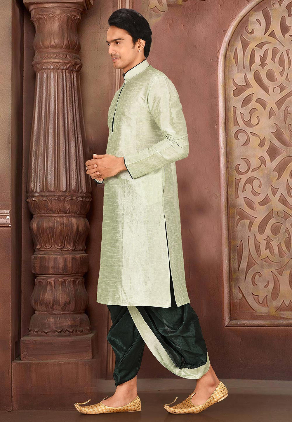 Pista Solid Art Silk Modern Kurta Dhoti Set