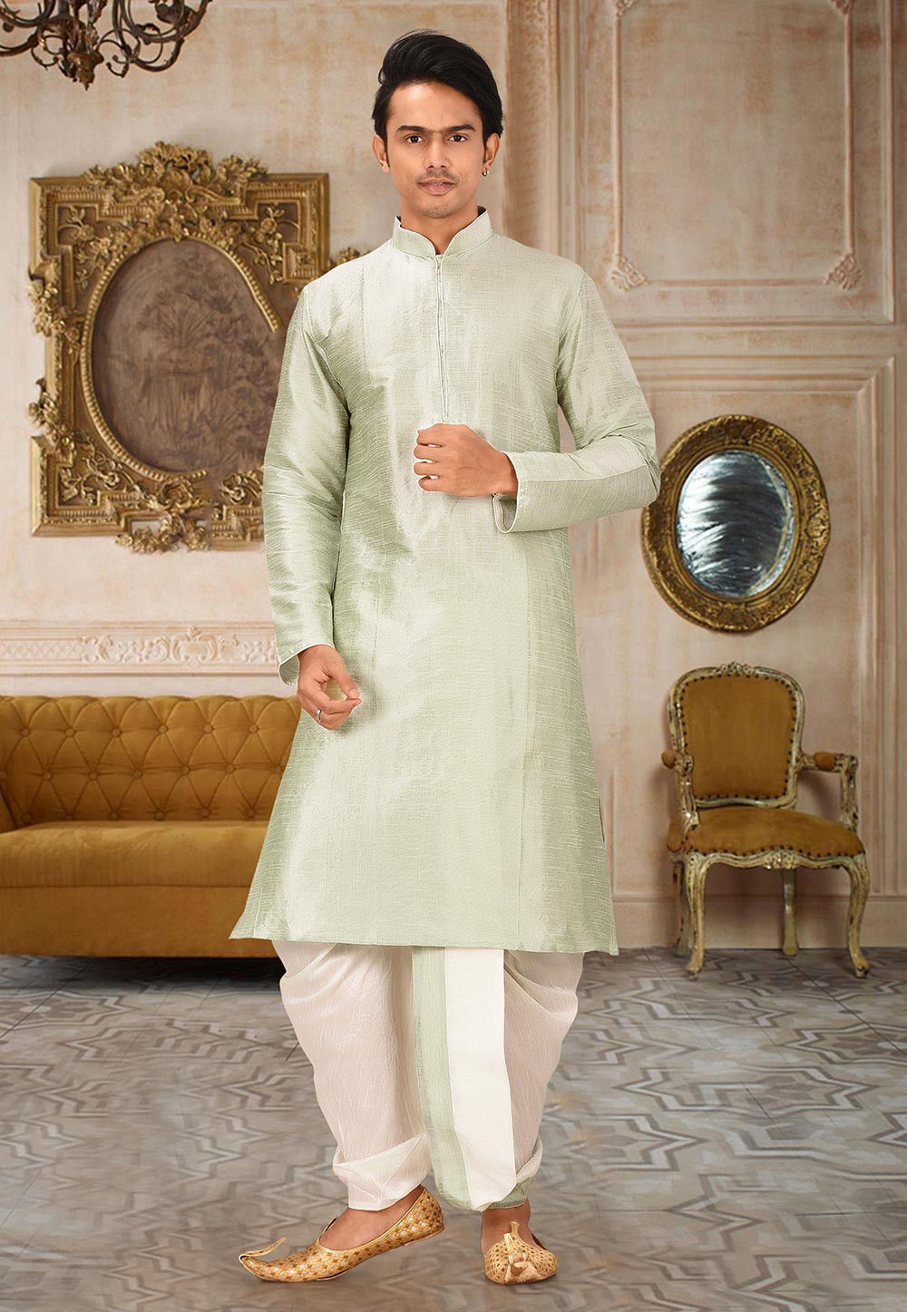 Pista Solid Art Silk Regal Kurta Dhoti Set