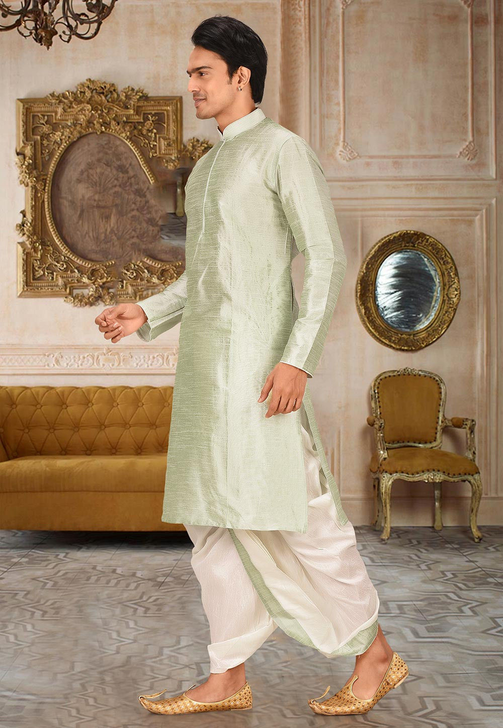 Pista Solid Art Silk Regal Kurta Dhoti Set
