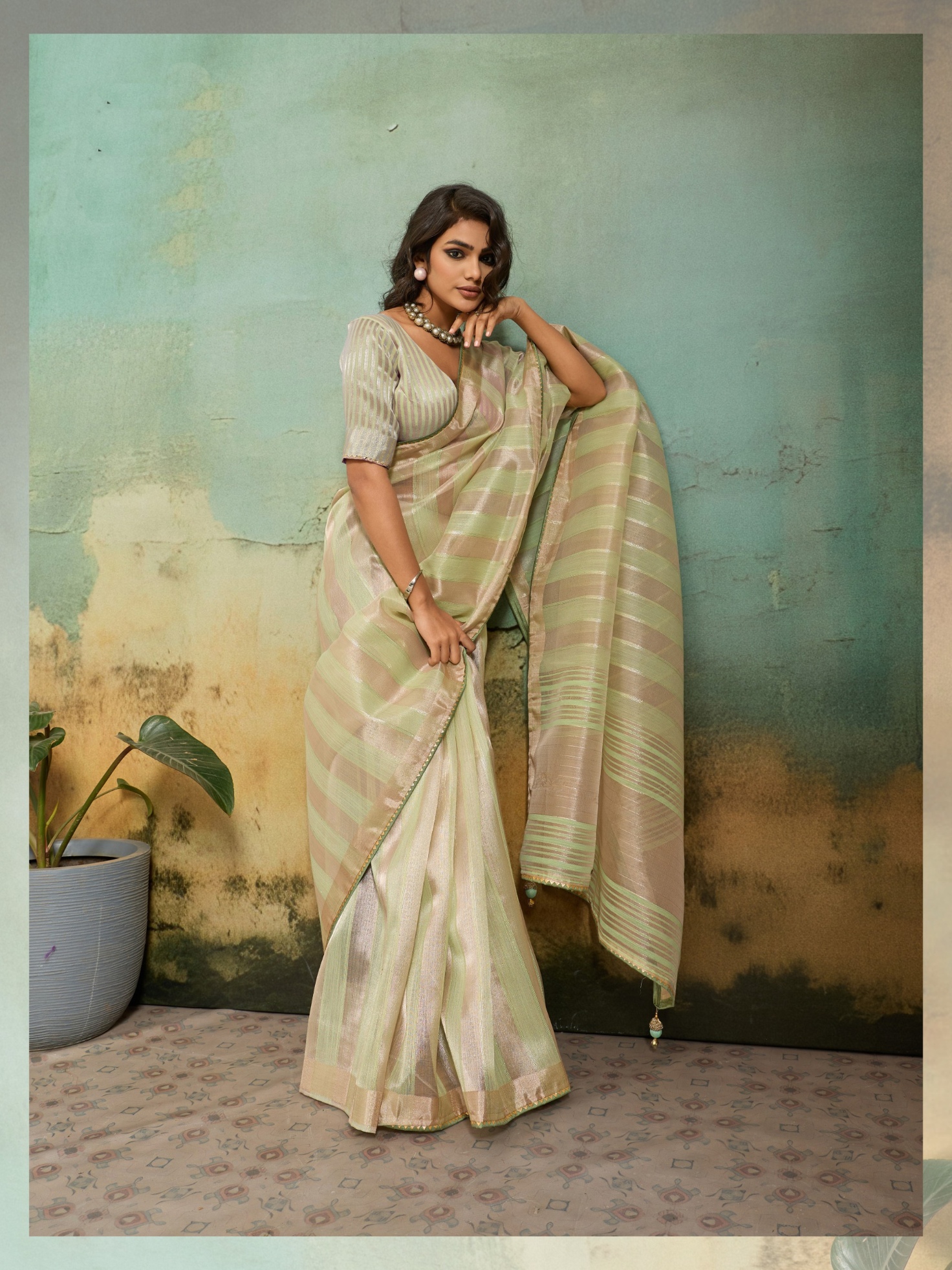Pista Striped Zari Cotton Silk Saree