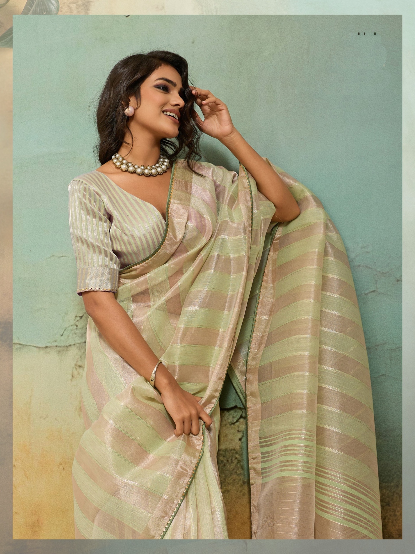 Pista Striped Zari Cotton Silk Saree — alternate view