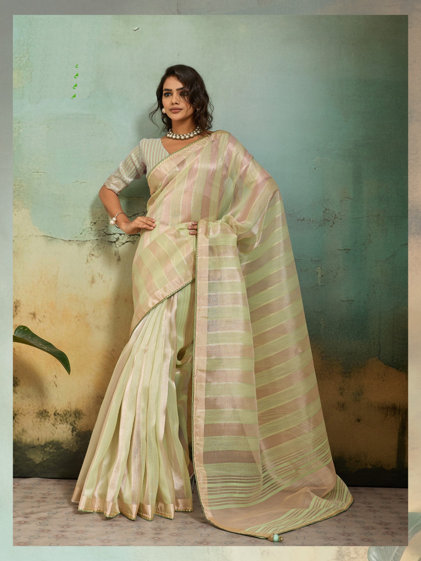 Pista Striped Zari Cotton Silk Saree