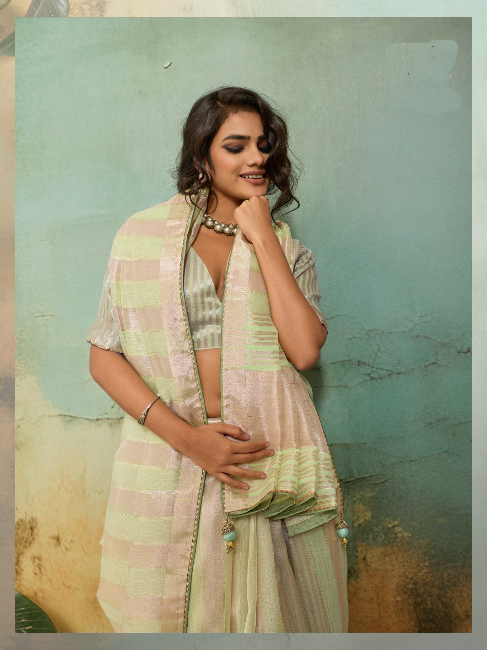 Pista Striped Zari Cotton Silk Saree