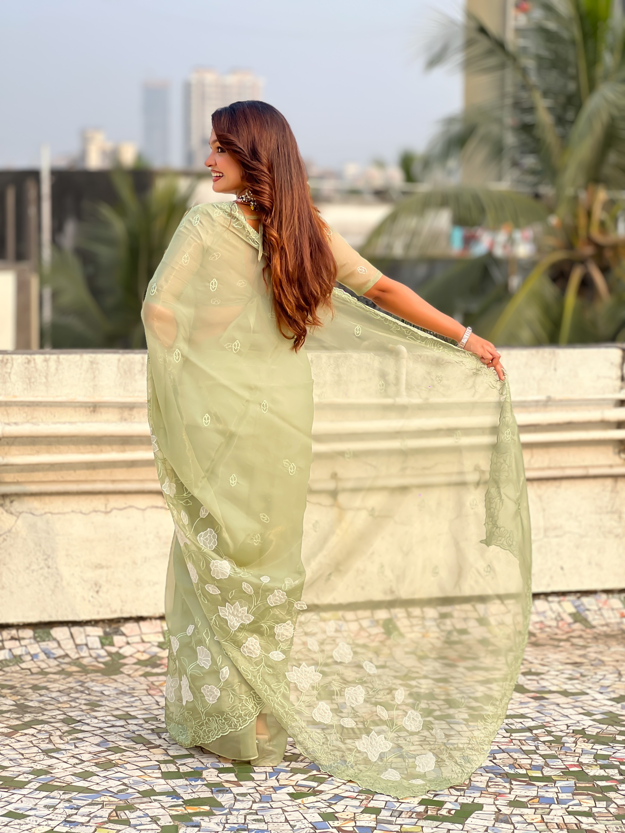 Pista Thread Embroidered Chanderi Kora Silk Saree — alternate view