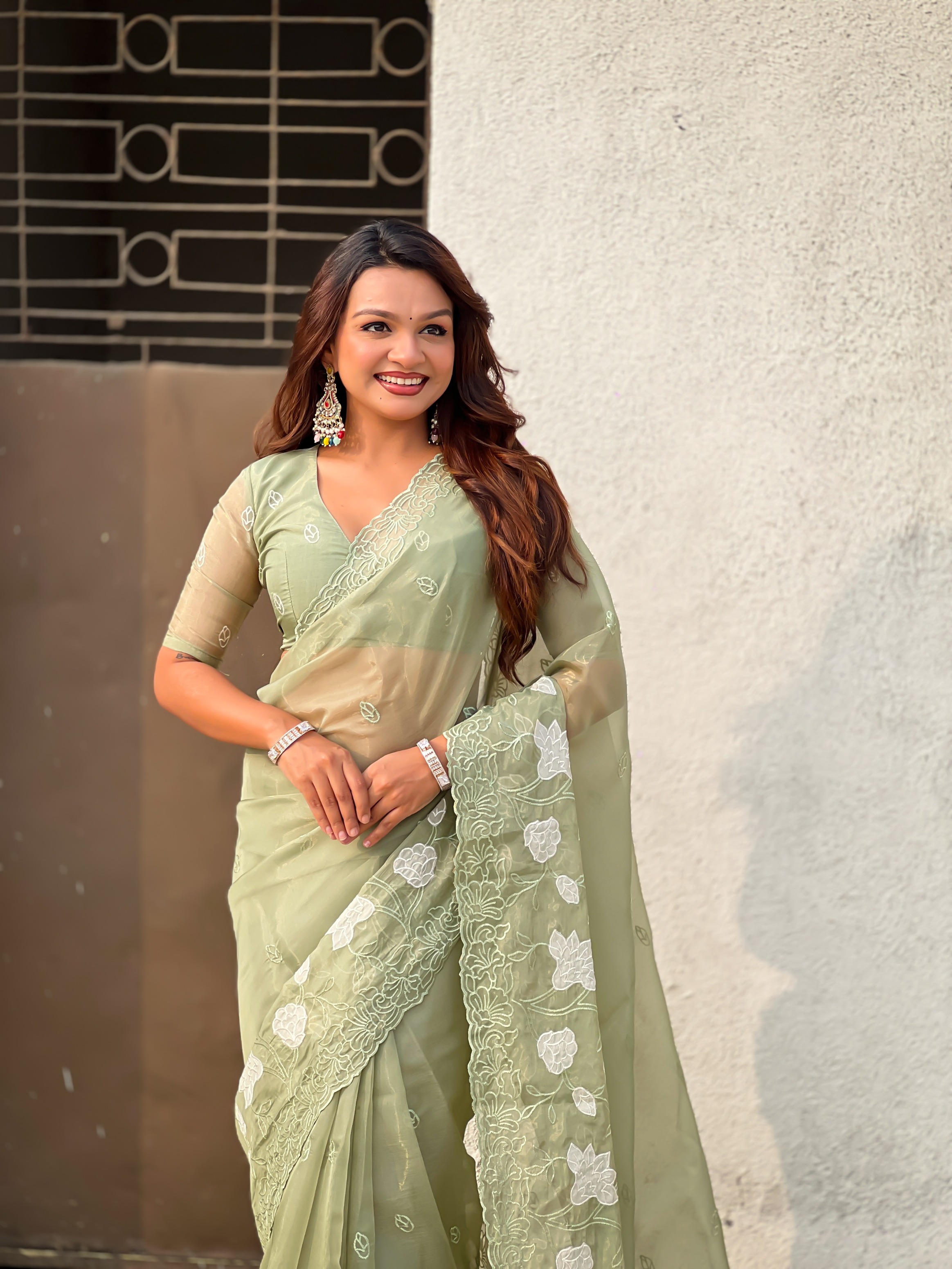 Pista Thread Embroidered Chanderi Kora Silk Saree