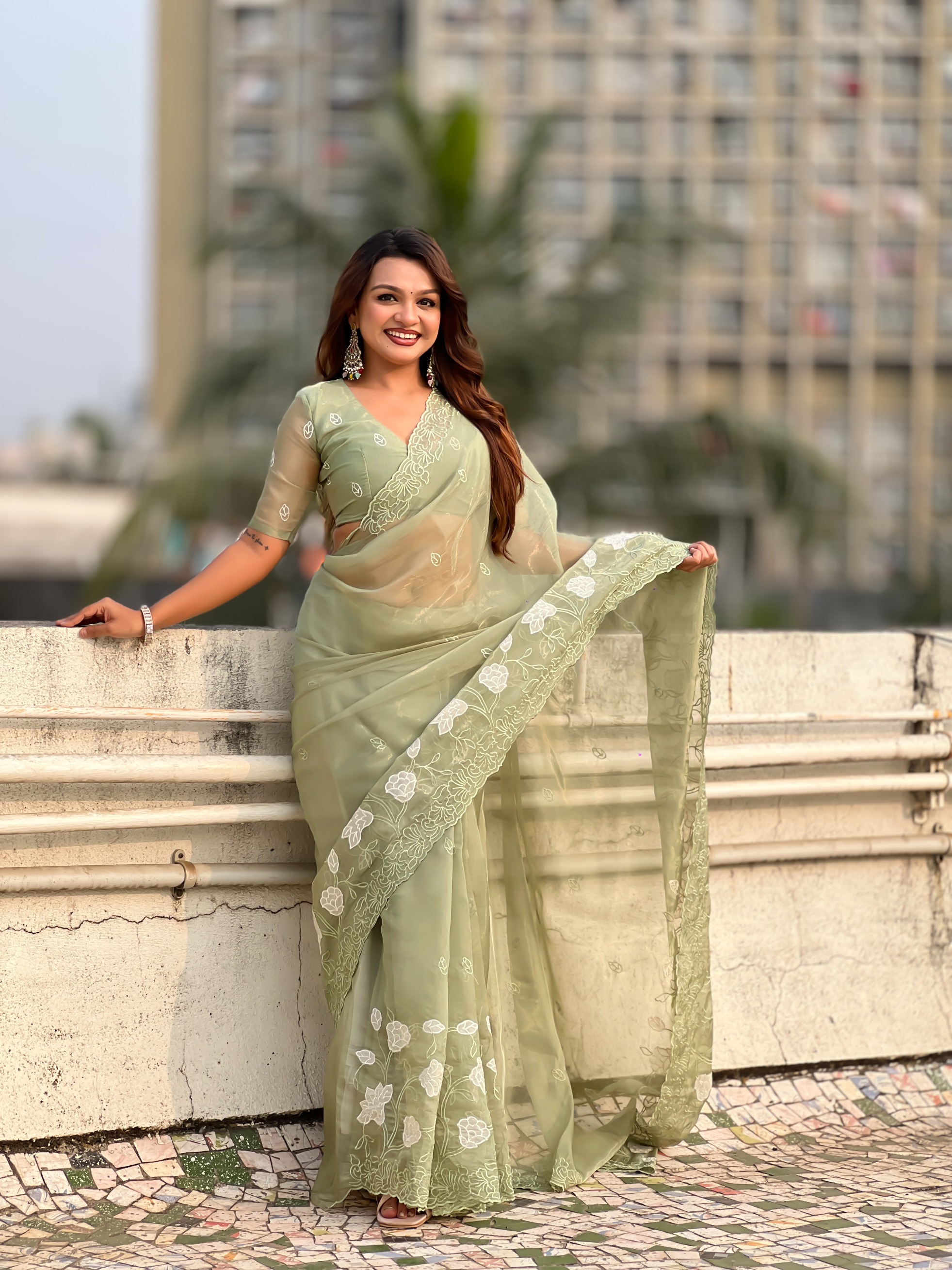 Pista Thread Embroidered Chanderi Kora Silk Saree