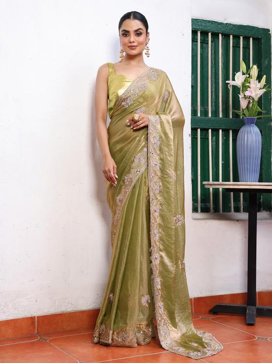 Pista Tissue Saree with Embroidery Work