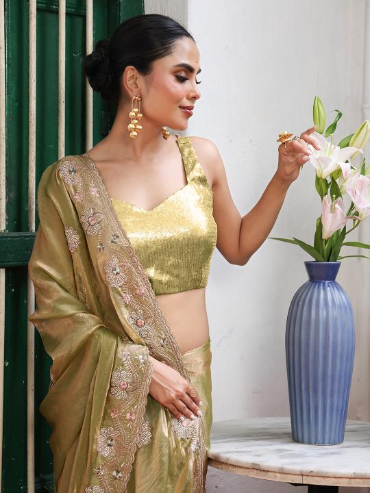 Pista Tissue Saree with Embroidery Work