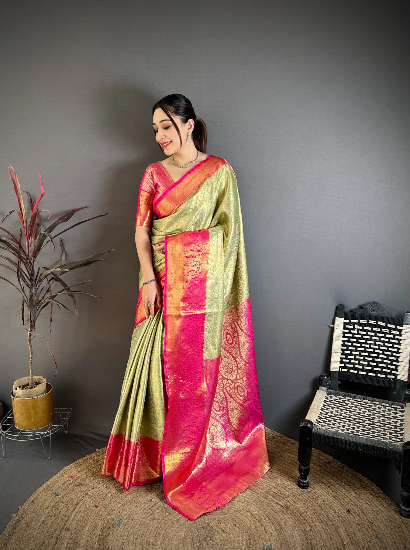 Pista Traditional Jacquard Kanchipuram Silk Saree