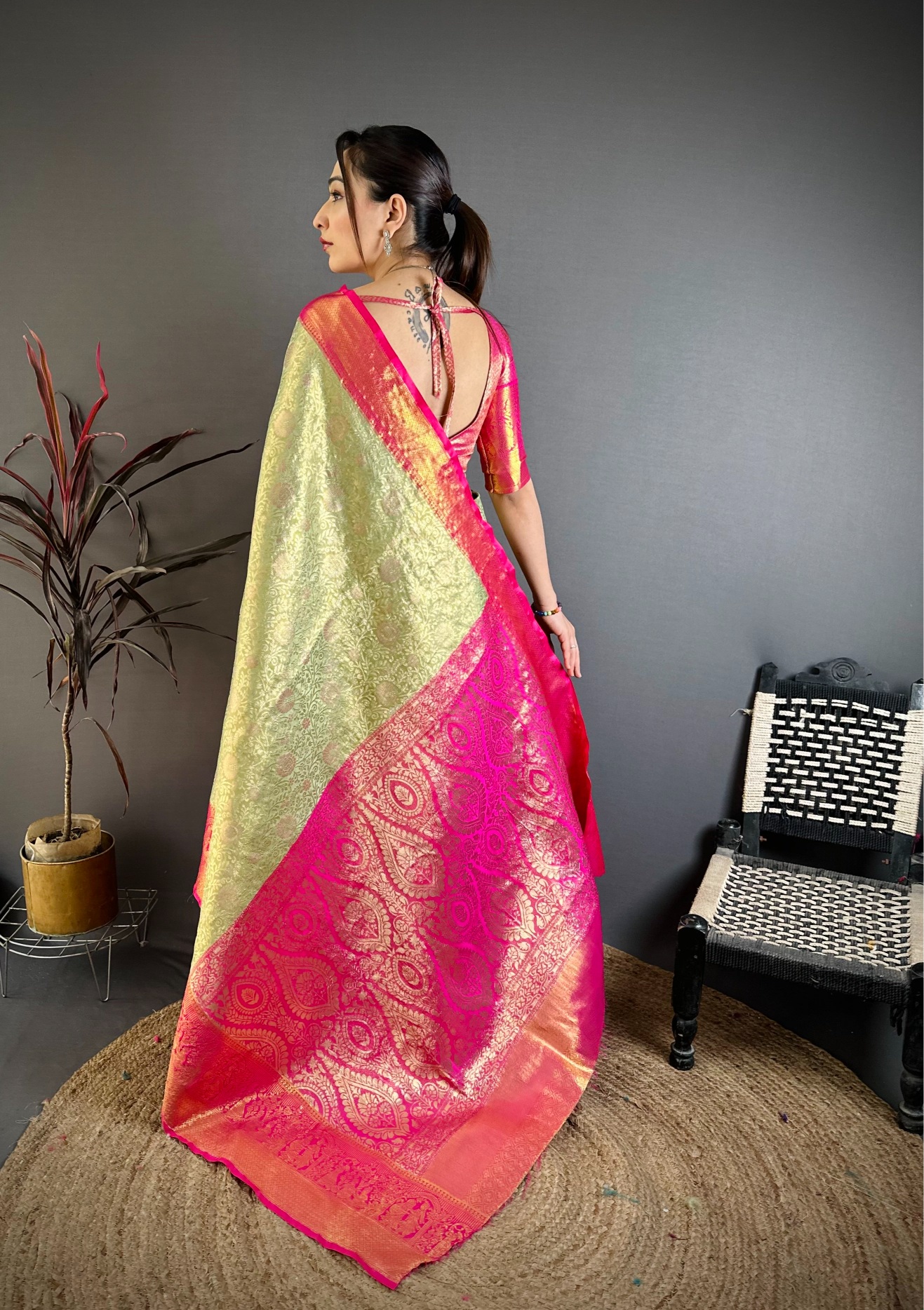 Pista Traditional Jacquard Kanchipuram Silk Saree — alternate view