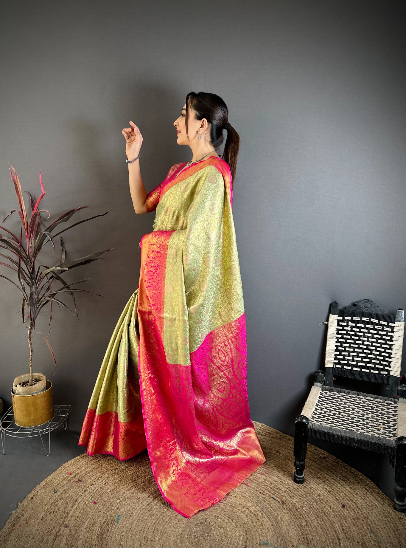 Pista Traditional Jacquard Kanchipuram Silk Saree