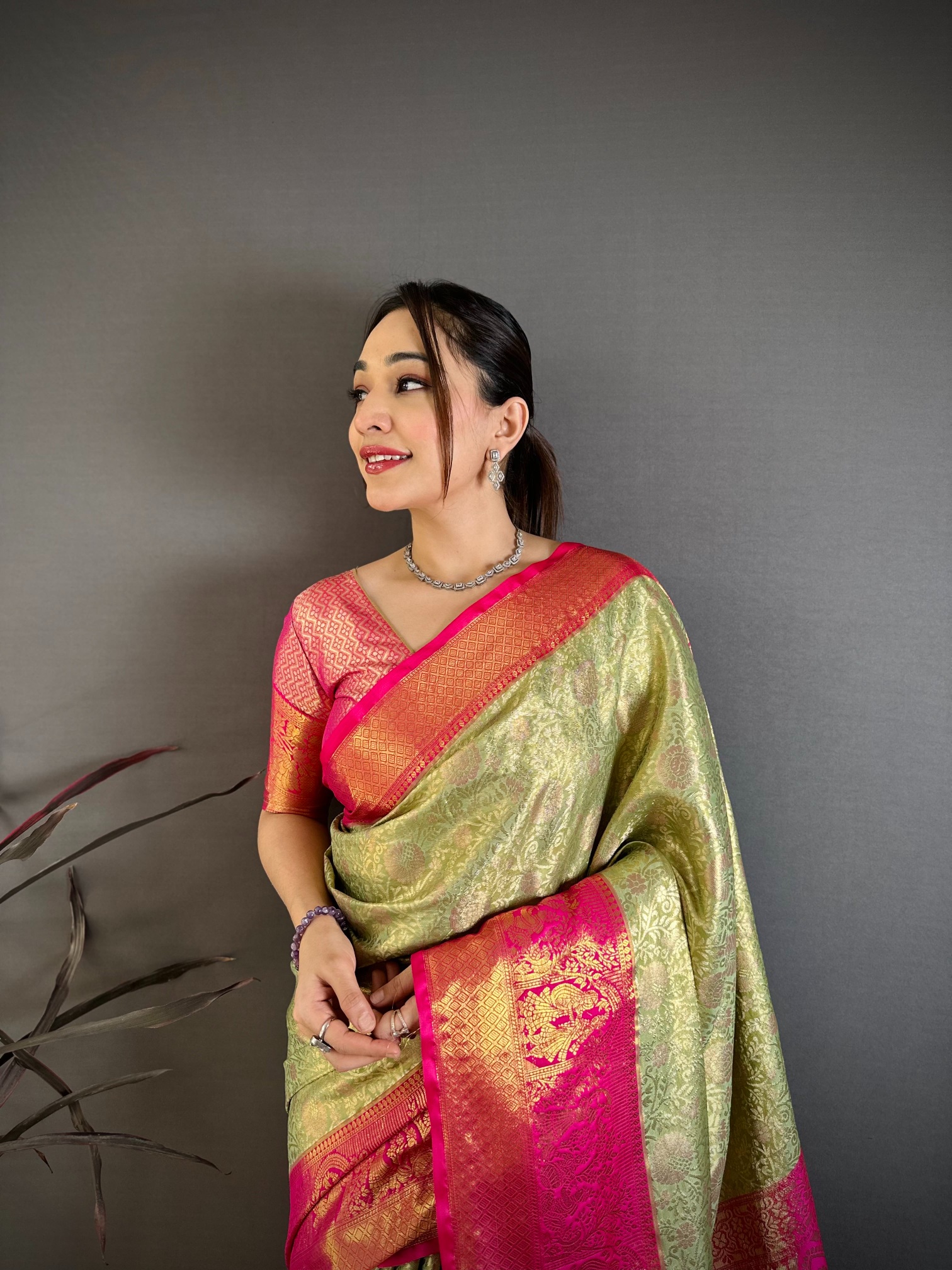 Pista Traditional Jacquard Kanchipuram Silk Saree