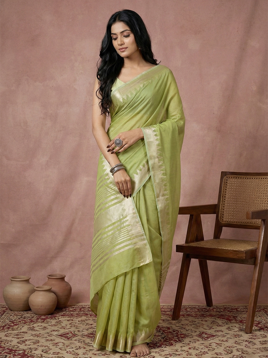 Pista Woven Designer Cotton Saree