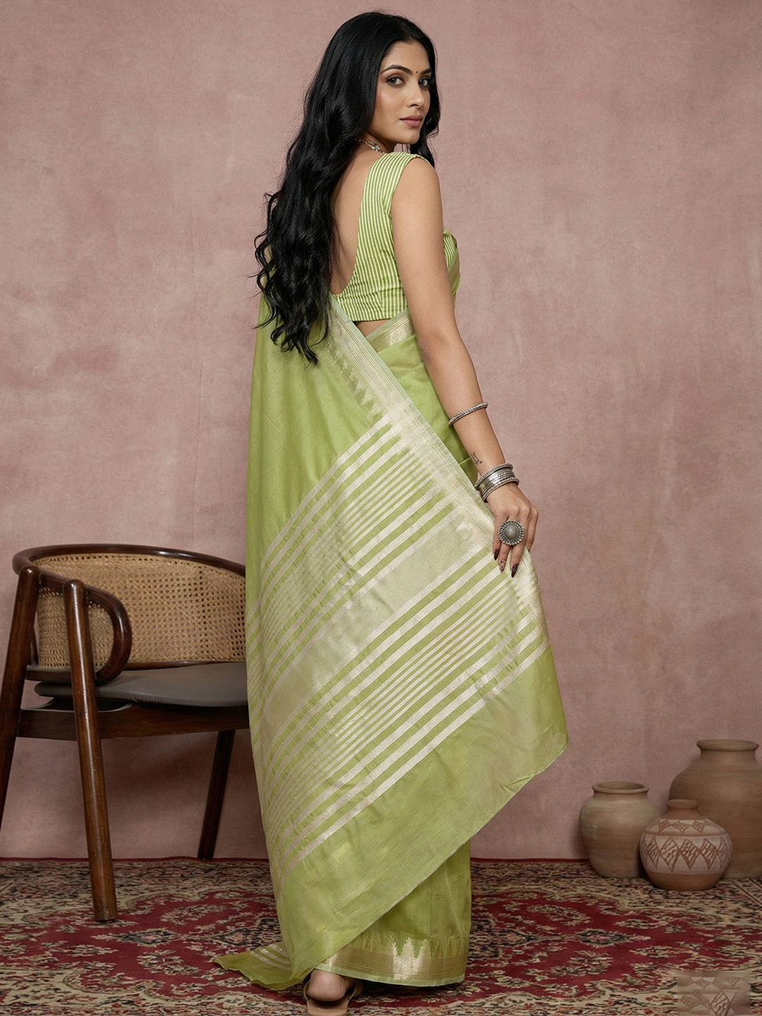Pista Woven Designer Cotton Saree — alternate view